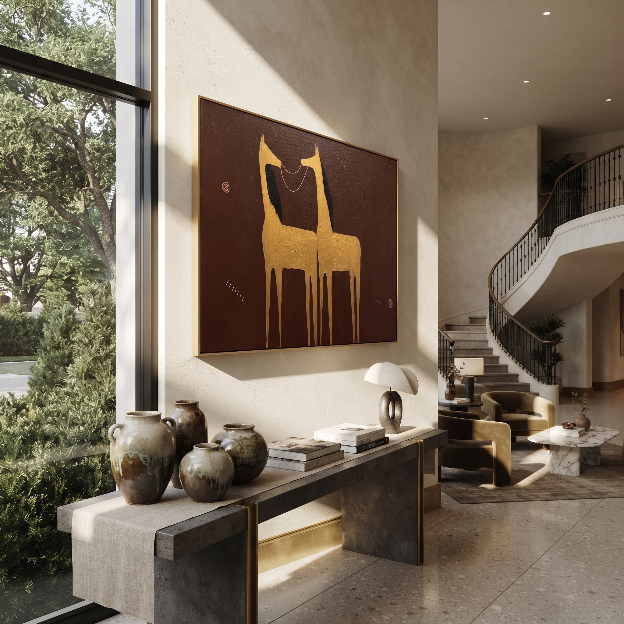 Golden Horses Share Breath styled with wood, linen, and modern decor