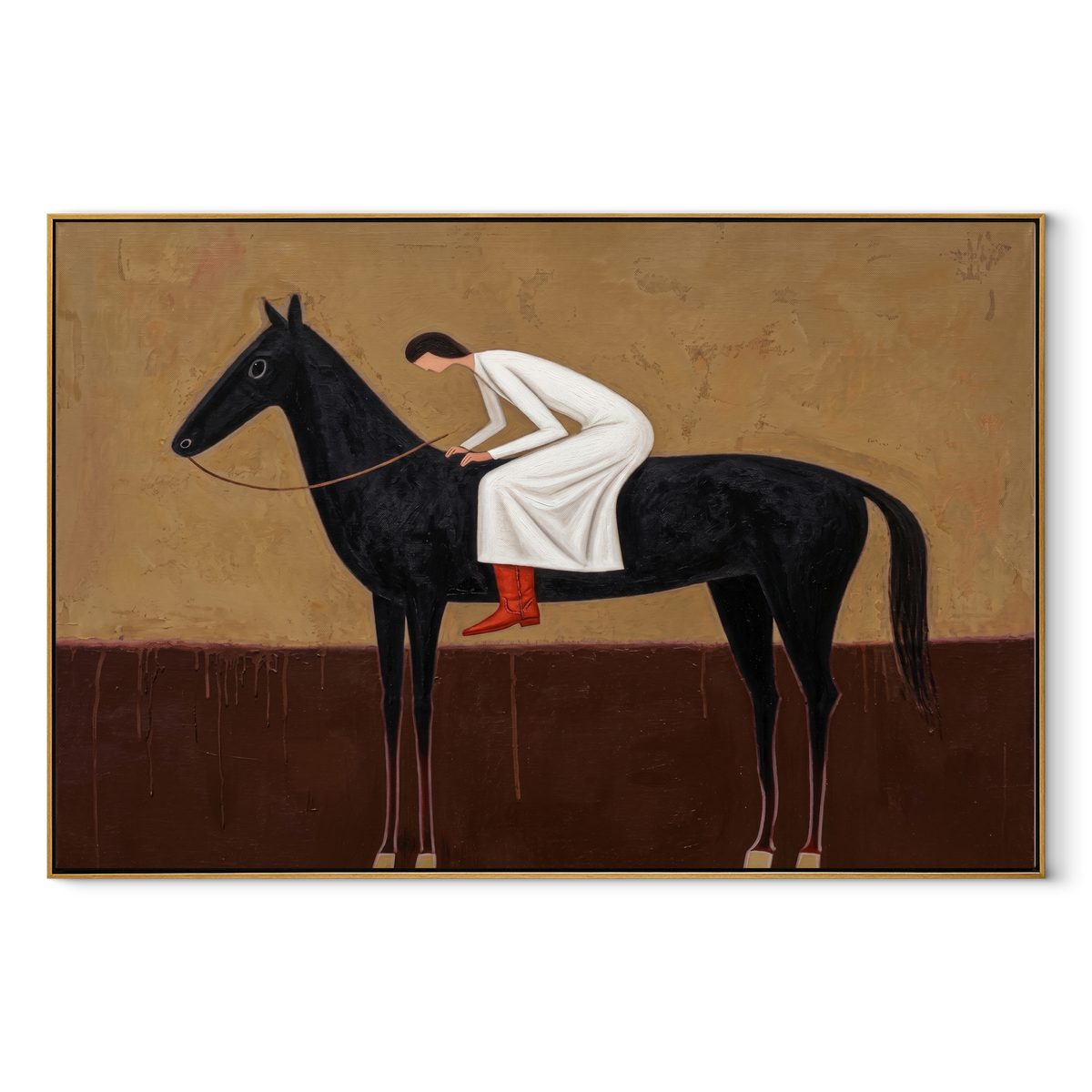 White Dress Leans Forward equestrian horse painting, horizontal canvas artwork