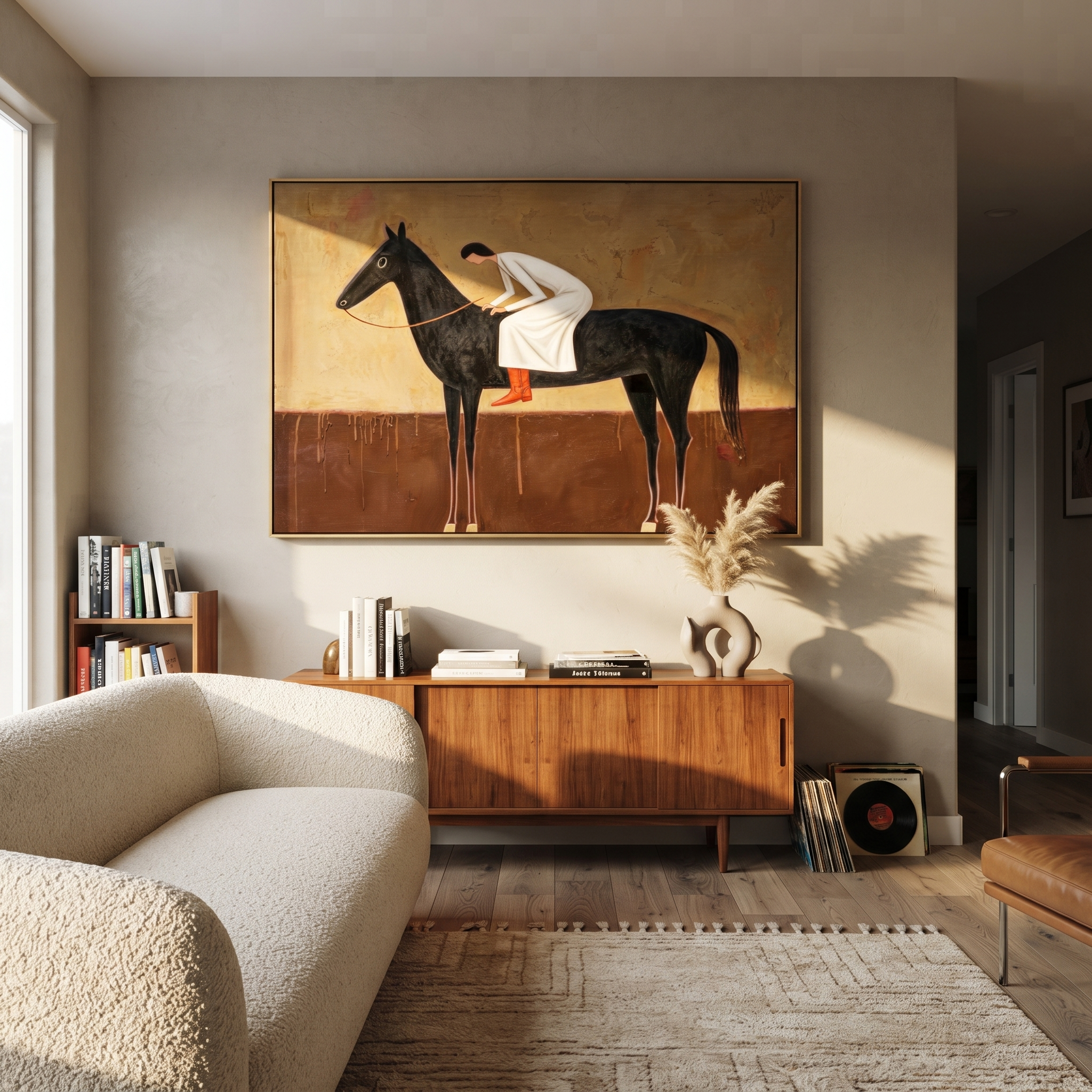 White Dress Leans Forward styled with warm modern furnishings