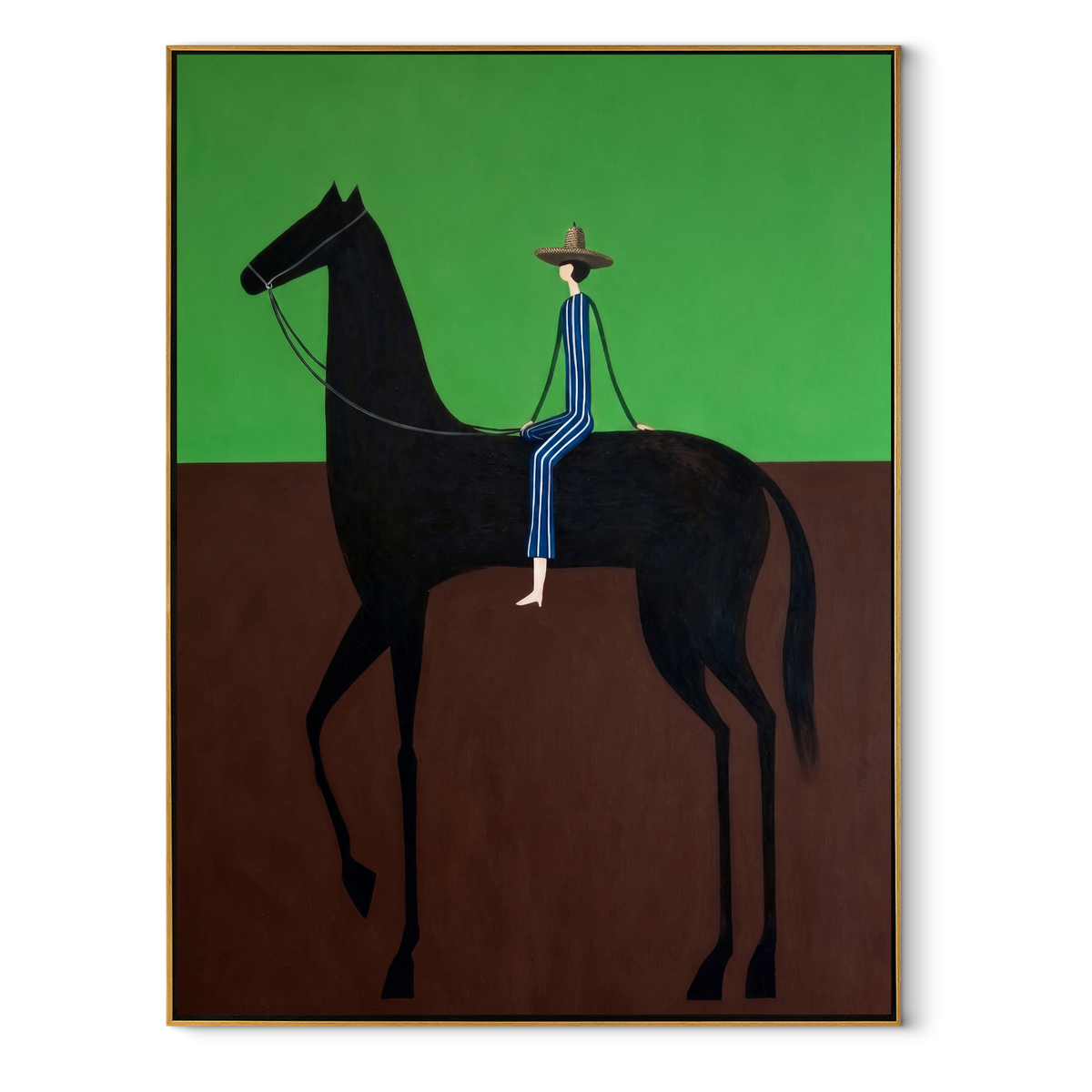 Blue Stripes Cross Green equestrian horse painting, vertical canvas artwork