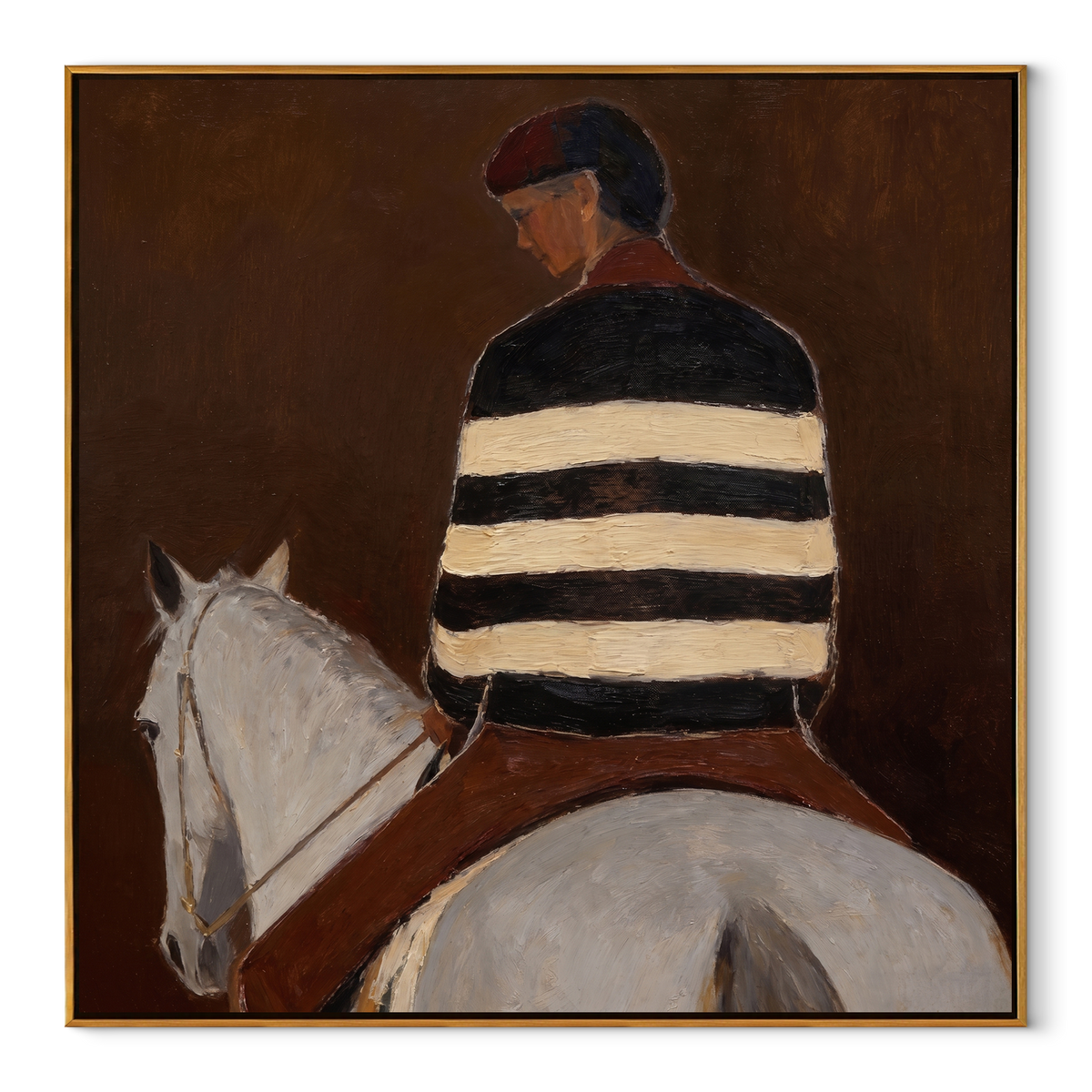 Striped Back Faces Umber equestrian horse painting, square canvas artwork