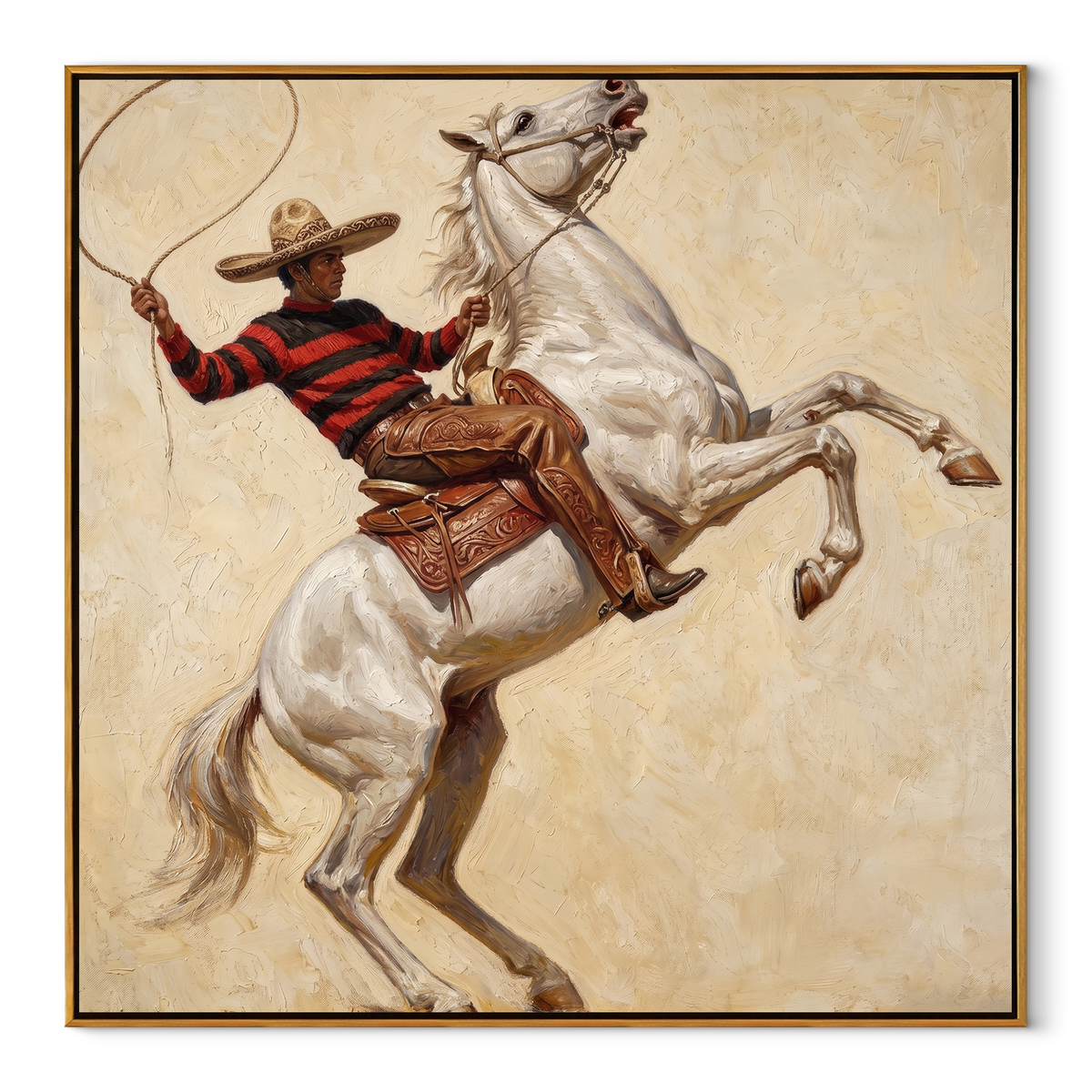 Lasso Circles Rearing White equestrian horse painting, square canvas artwork