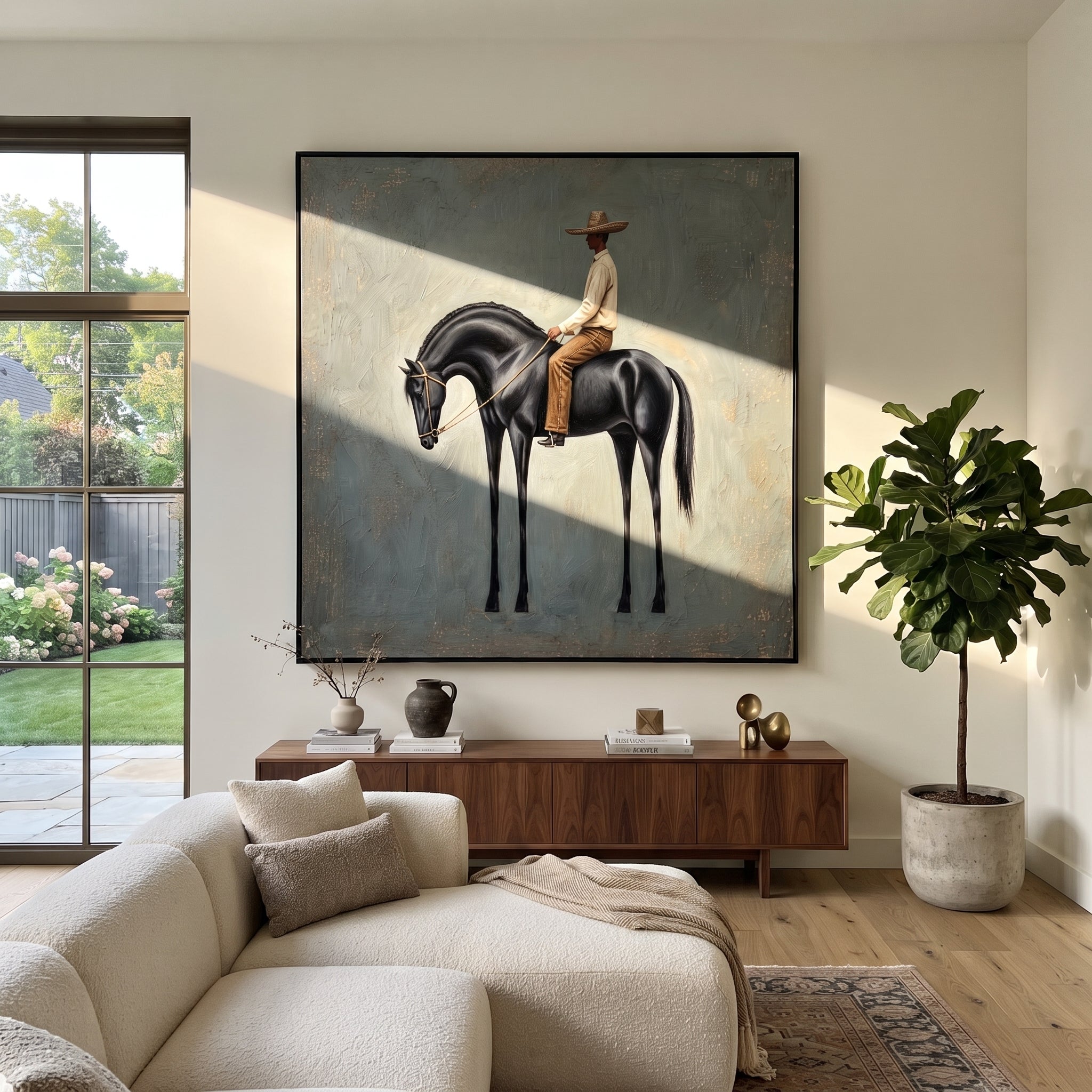 Black Horse Bows Blue displayed in a collected contemporary interior