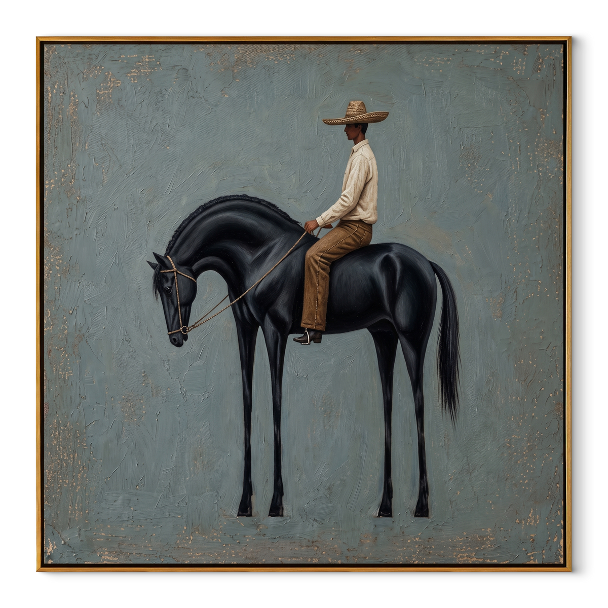 Black Horse Bows Blue equestrian horse painting, square canvas artwork