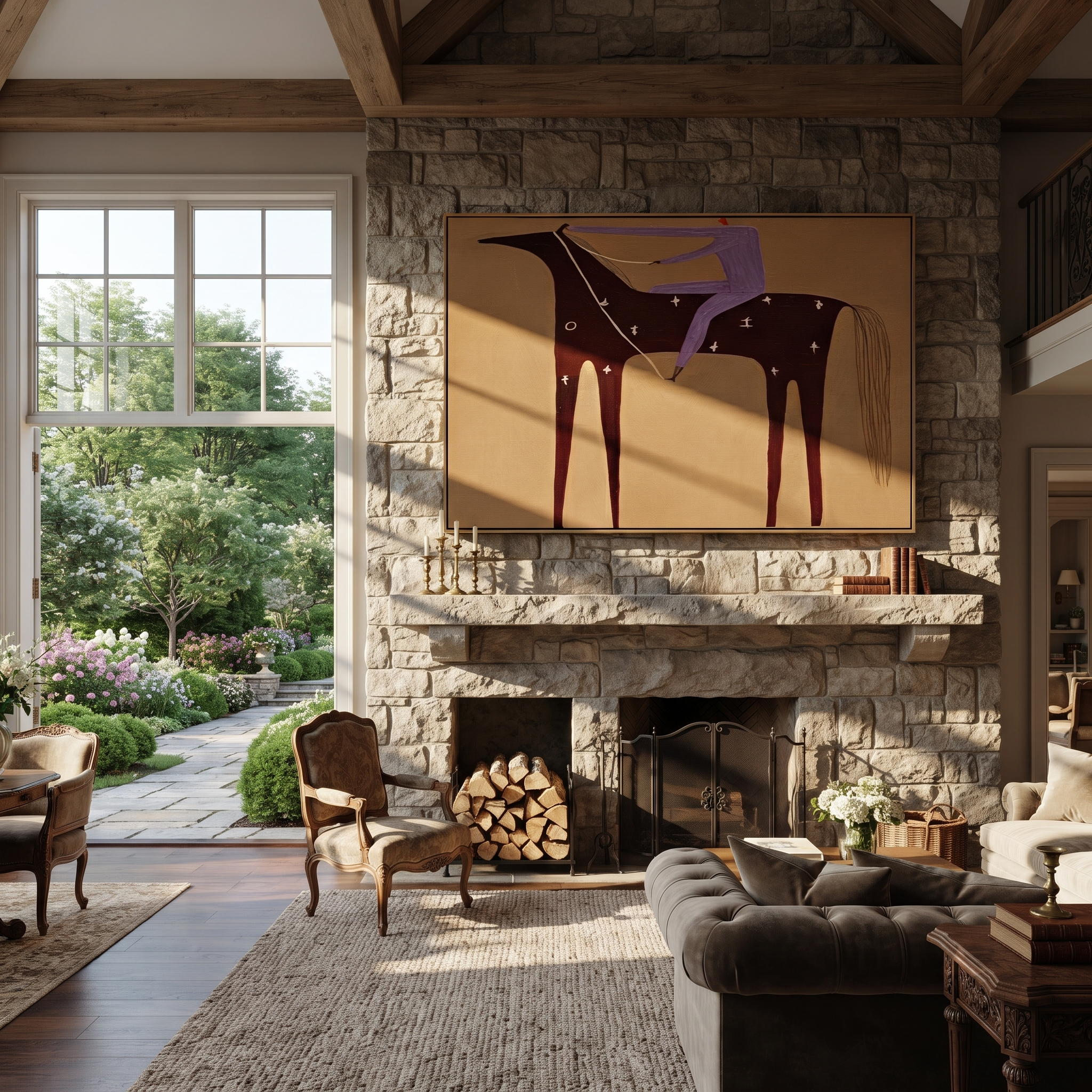 Purple Rider Crosses Sand styled with warm modern furnishings