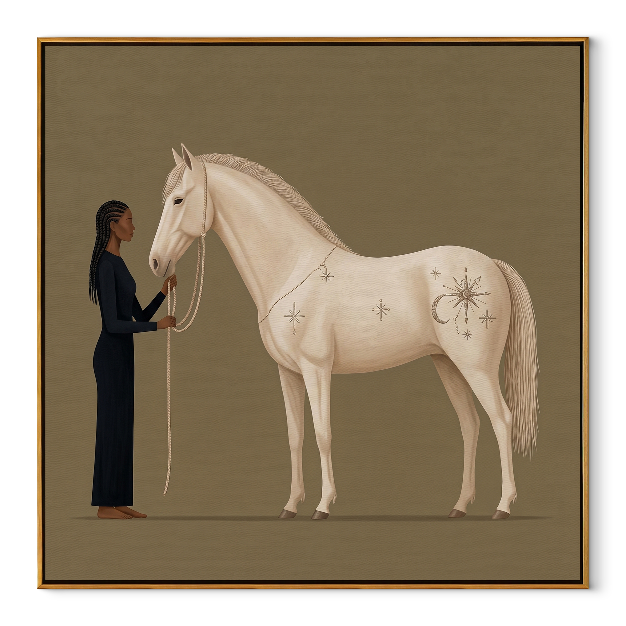 White Horse Greets Midnight equestrian horse painting, square canvas artwork