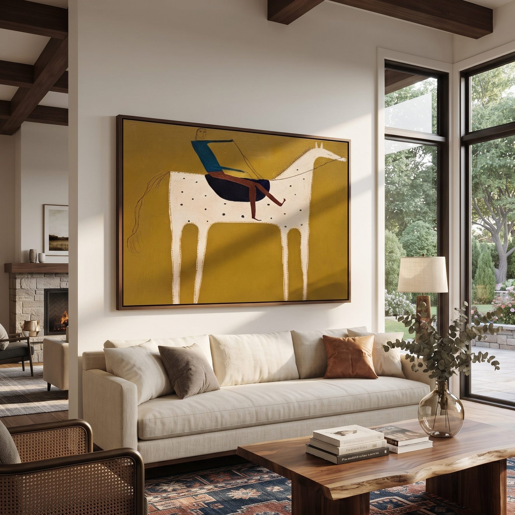 Blue Rider Crosses Mustard displayed in a collected contemporary interior