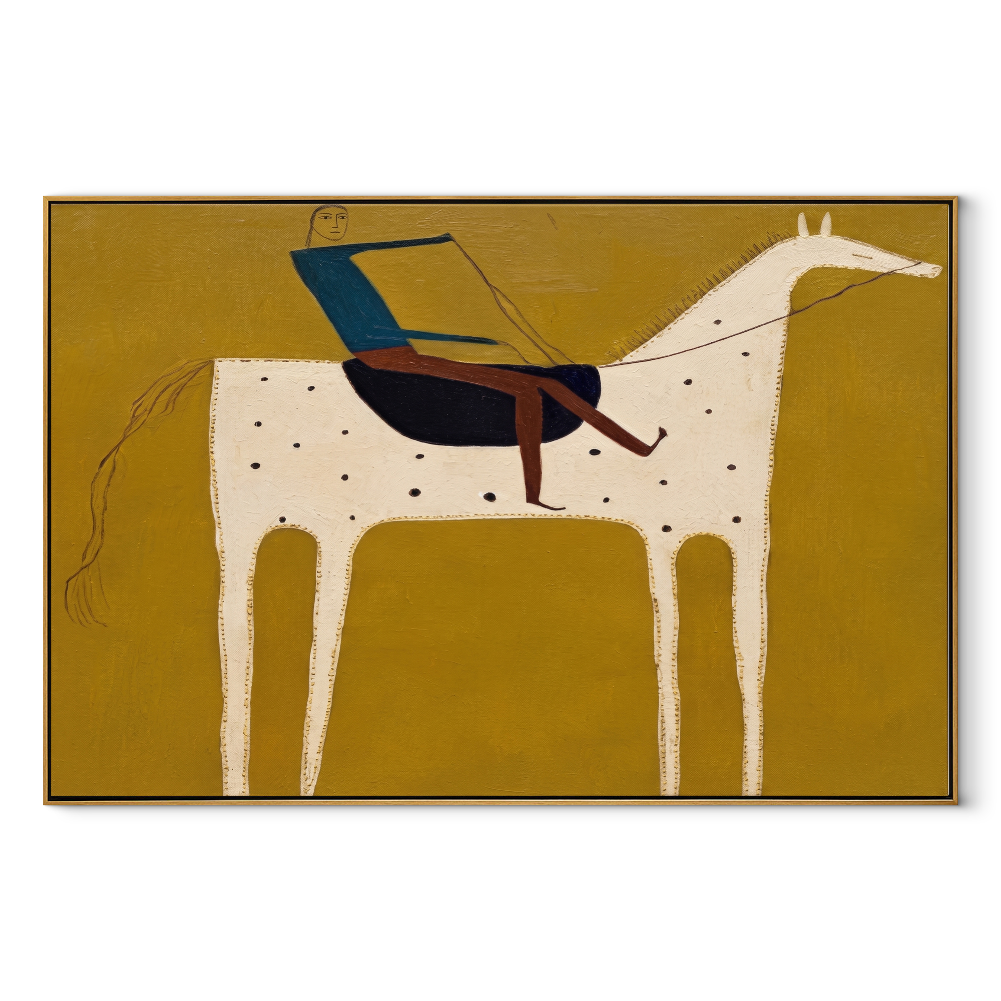 Blue Rider Crosses Mustard equestrian horse painting, horizontal canvas artwork