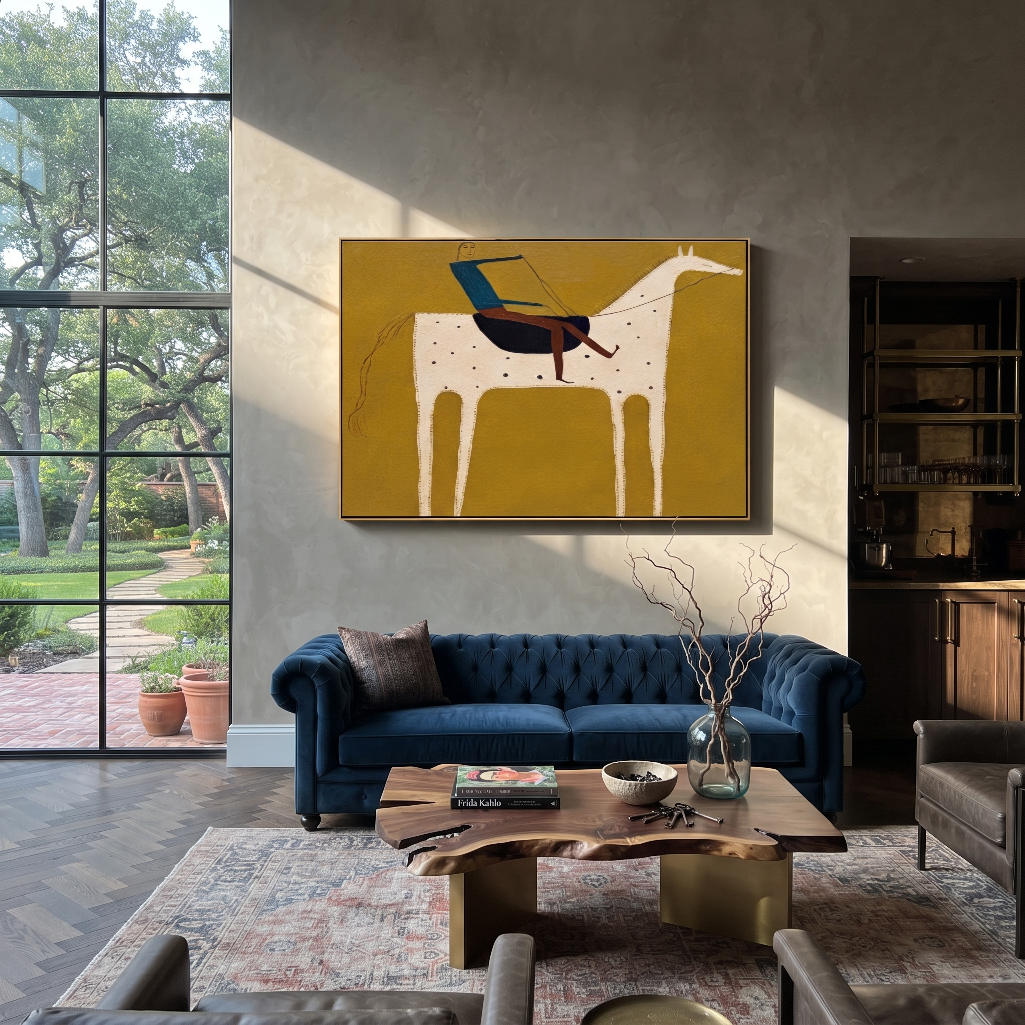 Blue Rider Crosses Mustard styled with warm modern furnishings