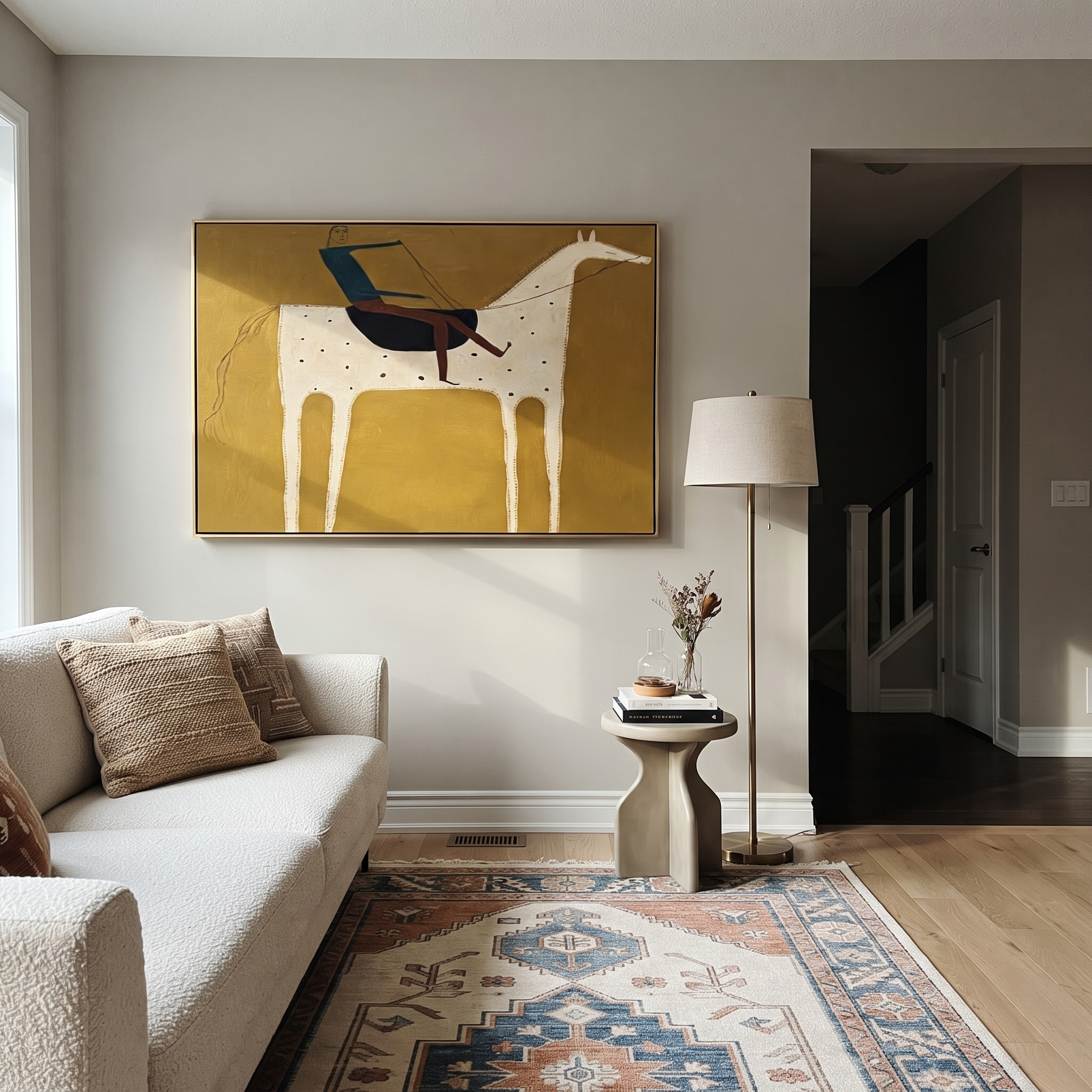 Blue Rider Crosses Mustard presented as a colorful interior focal point