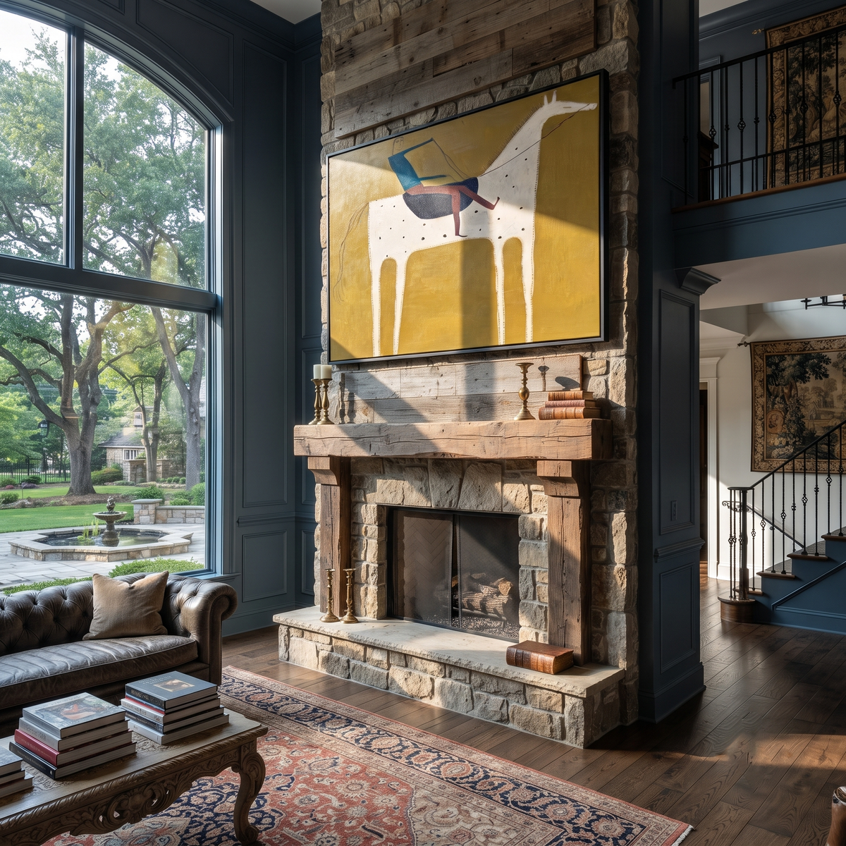 Blue Rider Crosses Mustard styled with wood, linen, and modern decor