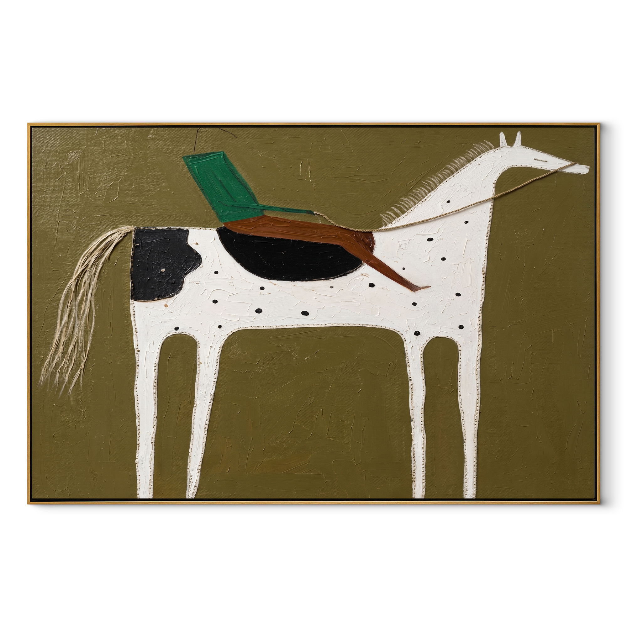 Green Rider Crosses Olive equestrian horse painting, horizontal canvas artwork