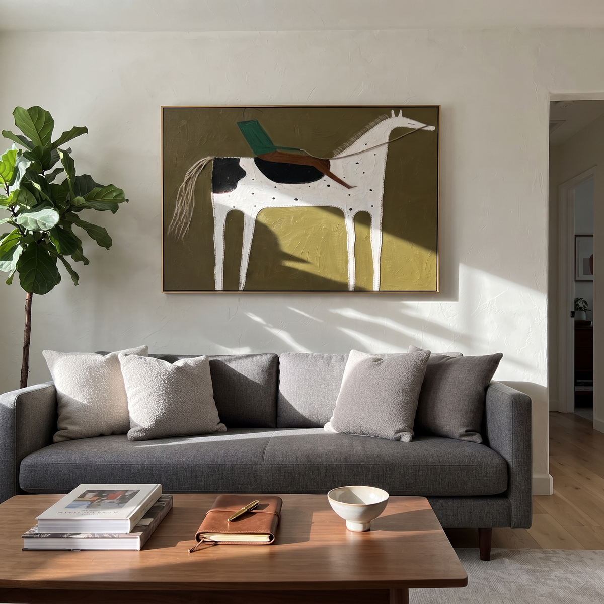 Green Rider Crosses Olive styled with wood, linen, and modern decor