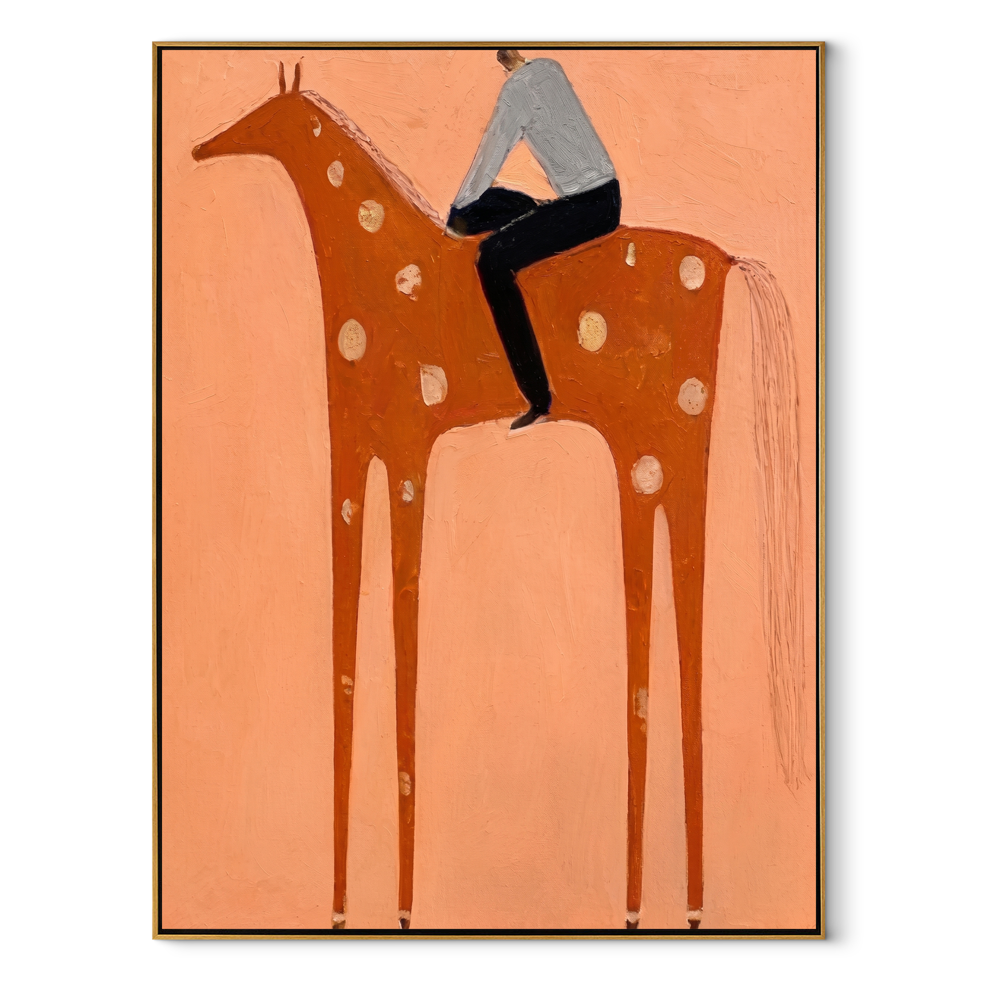 Silver Shirt Meets Coral equestrian horse painting, vertical canvas artwork