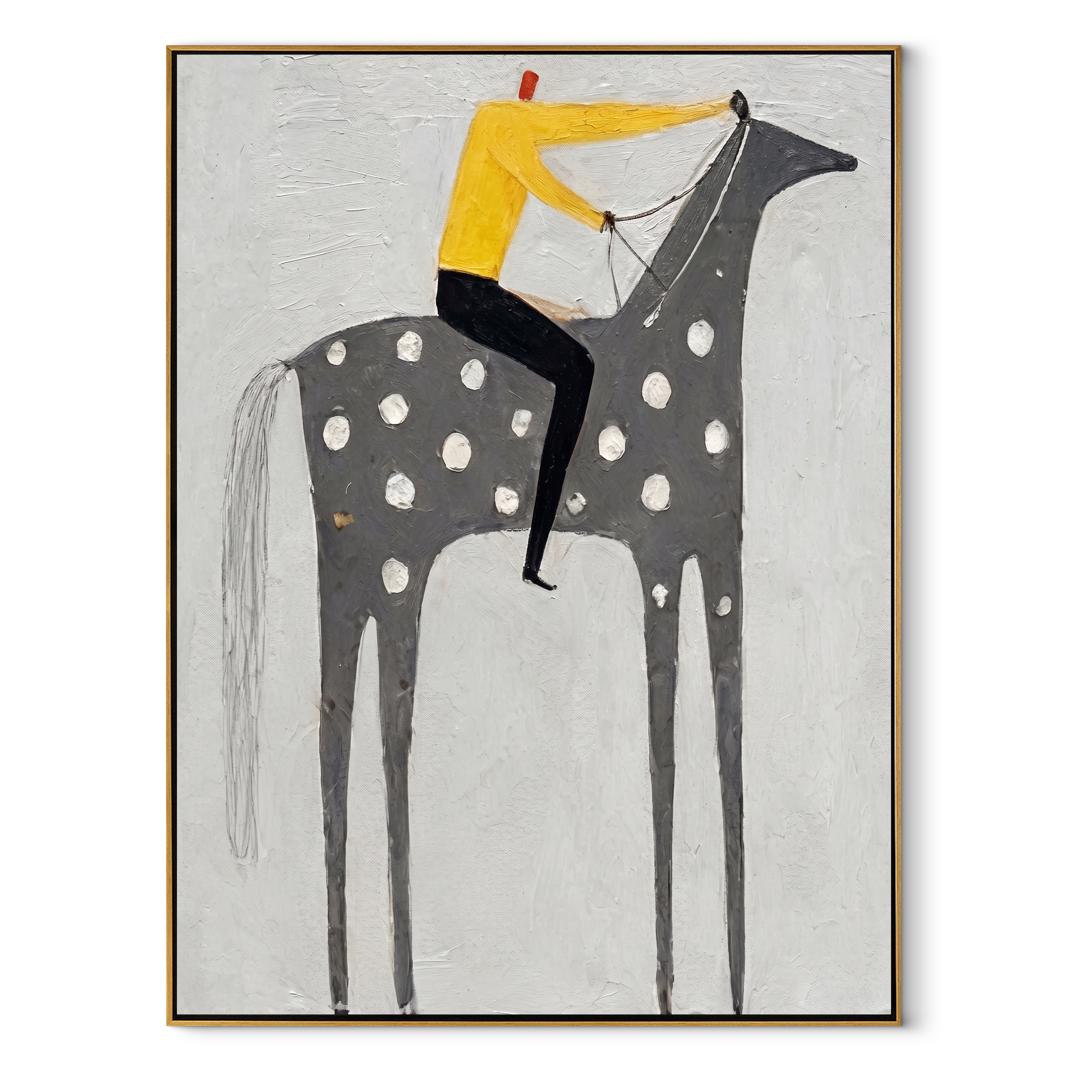Yellow Shirt Rides Silver equestrian horse painting, vertical canvas artwork