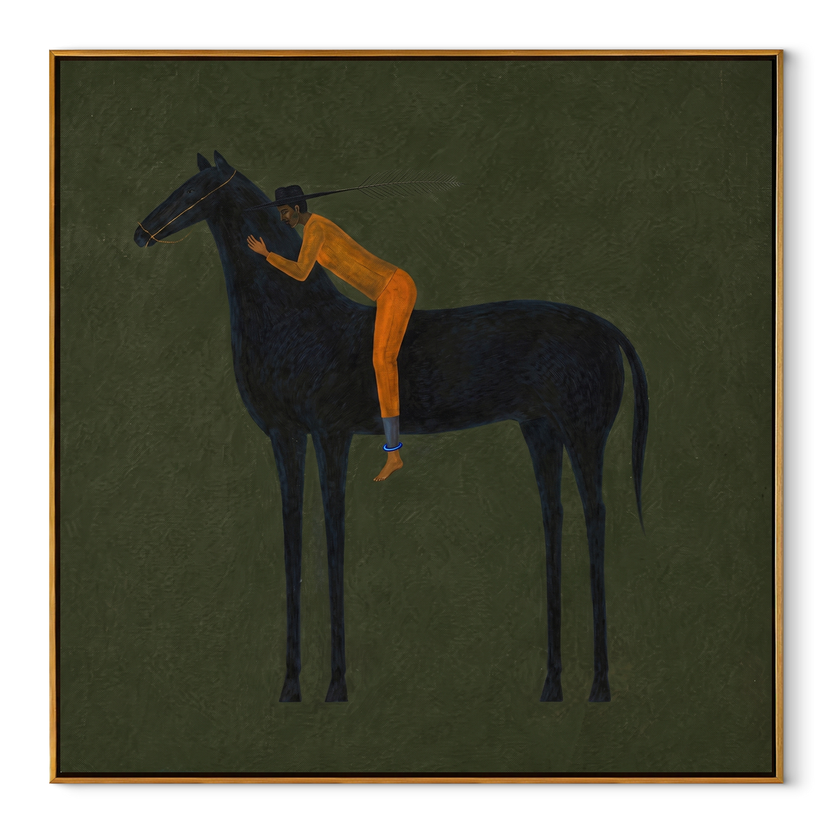 Orange Figure Leans Midnight equestrian horse painting, square canvas artwork