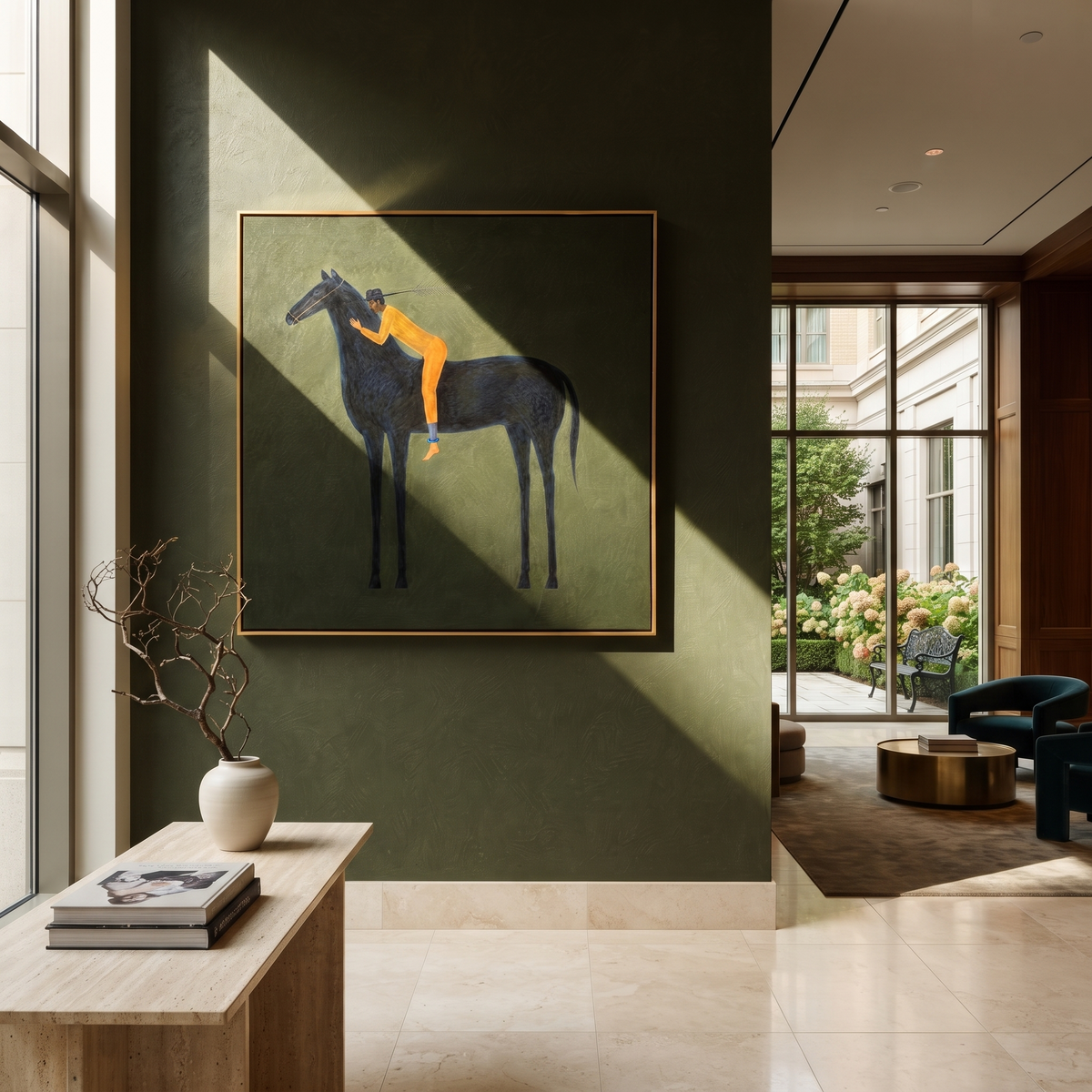 Orange Figure Leans Midnight presented as a colorful interior focal point