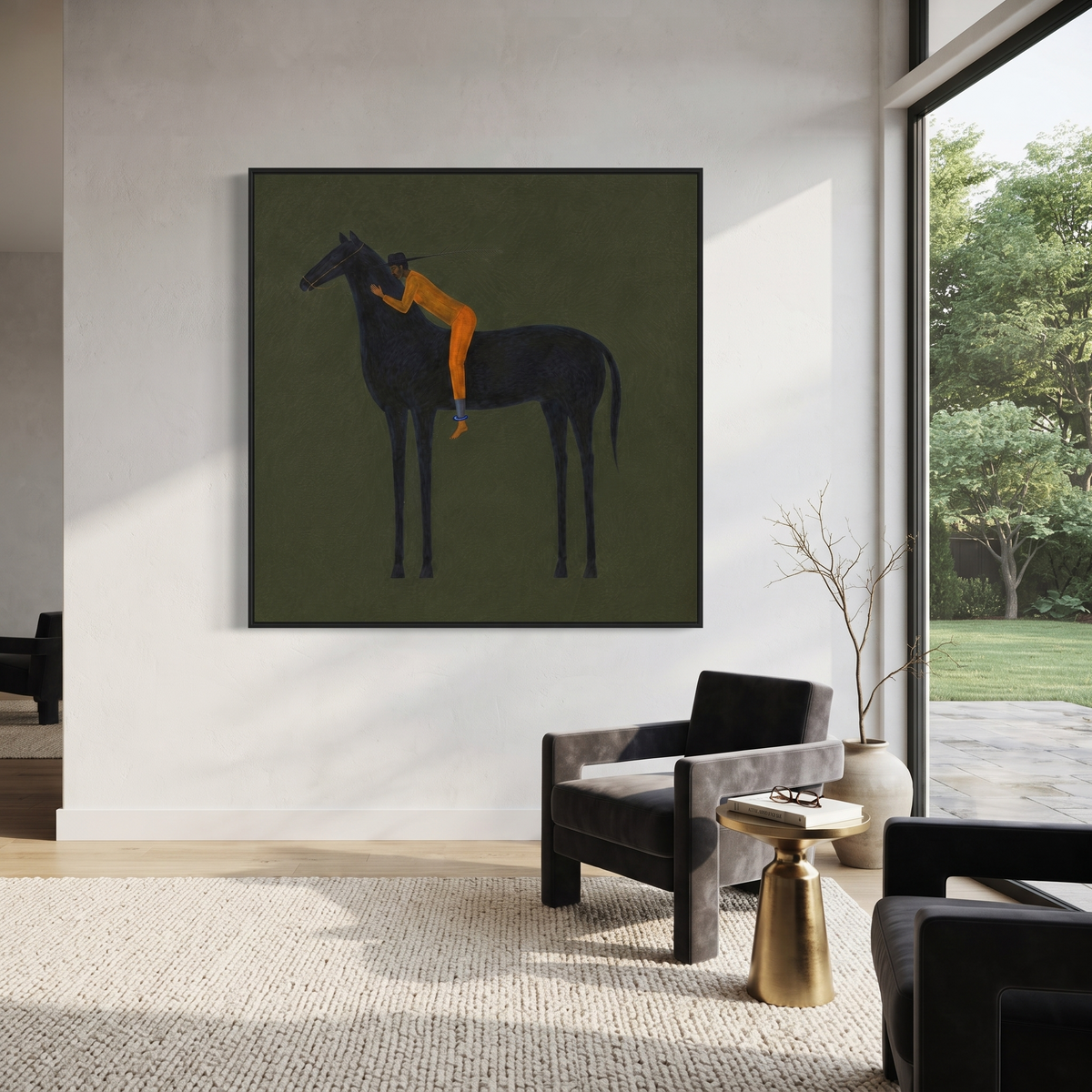 Orange Figure Leans Midnight displayed in a layered residential setting