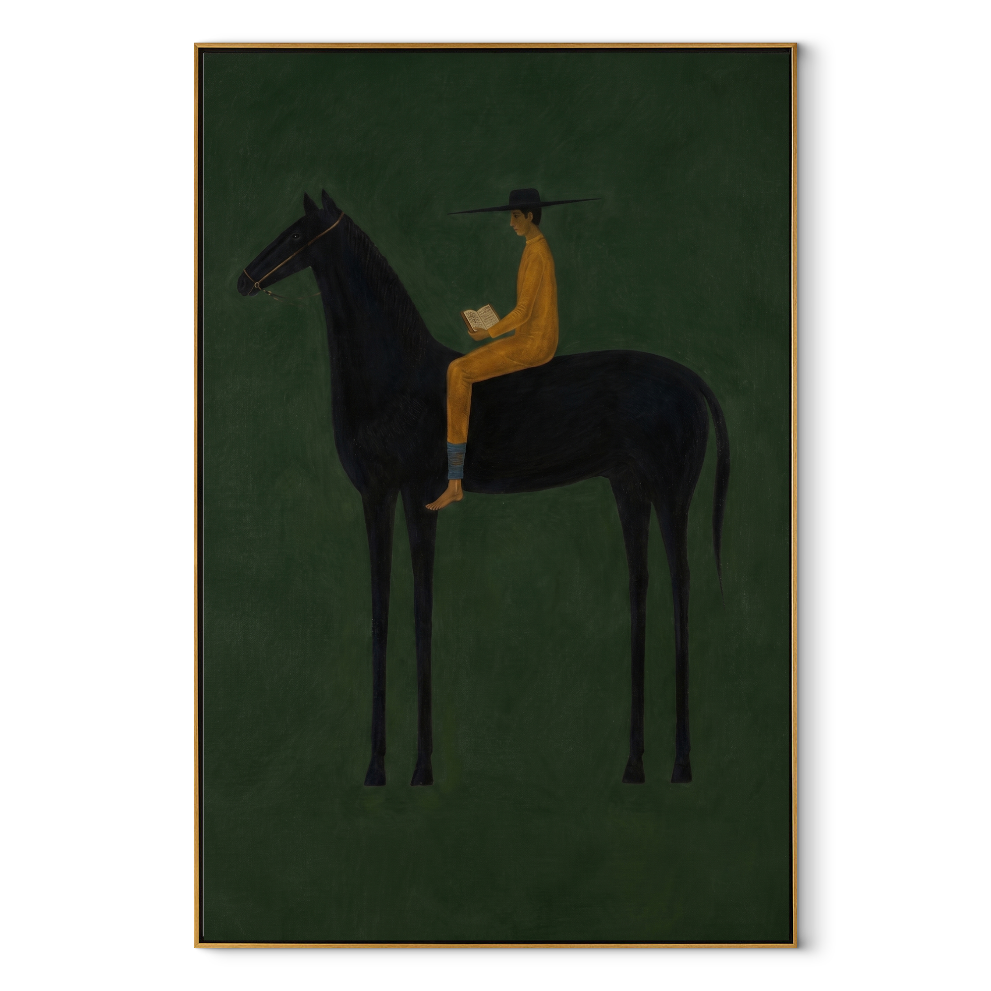 Mustard Reader Rides Green equestrian horse painting, vertical canvas artwork