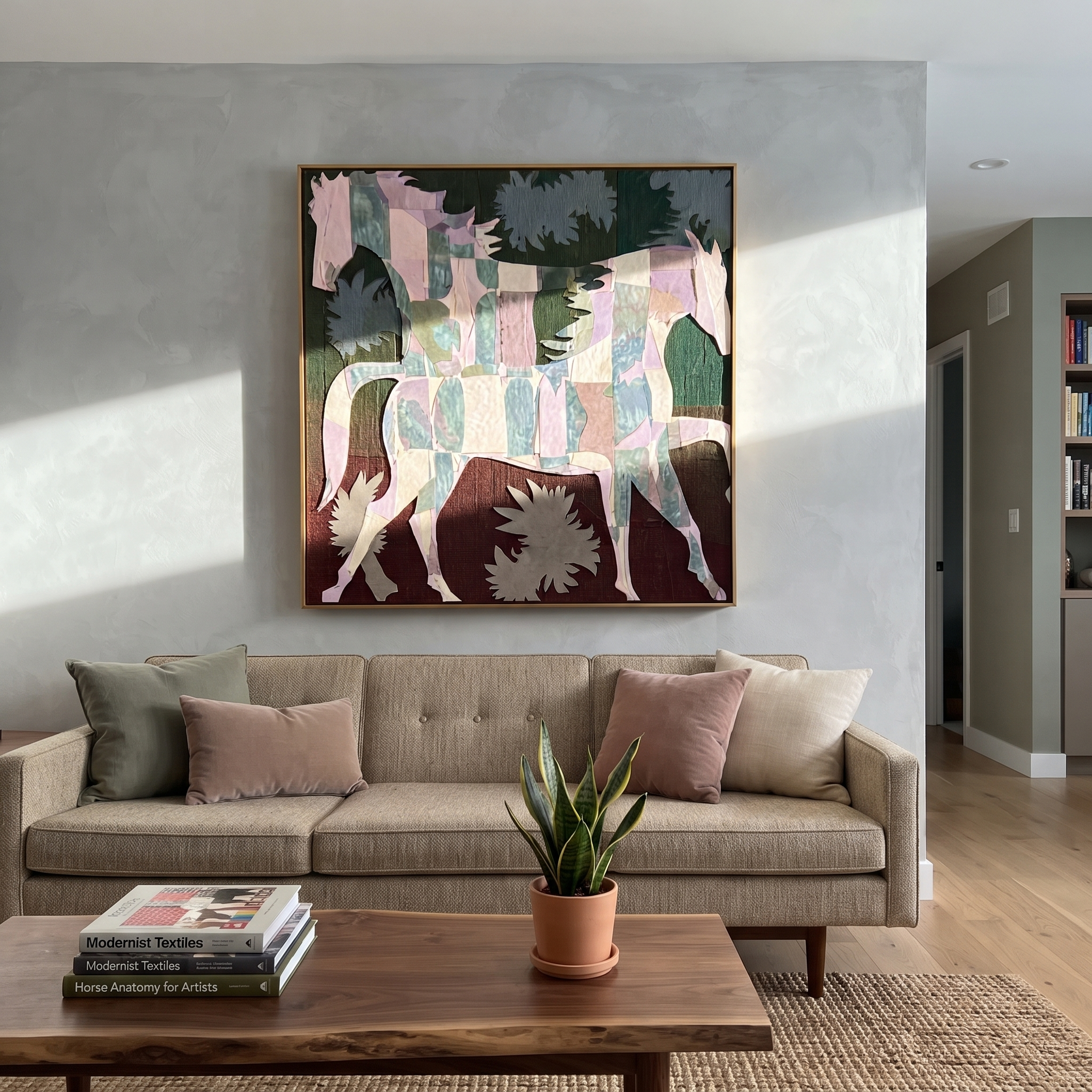 Patchwork Horses Cross Garden presented as a colorful interior focal point