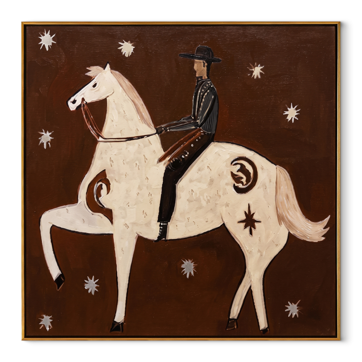 White Horse Rears Moonward equestrian horse painting, square canvas artwork