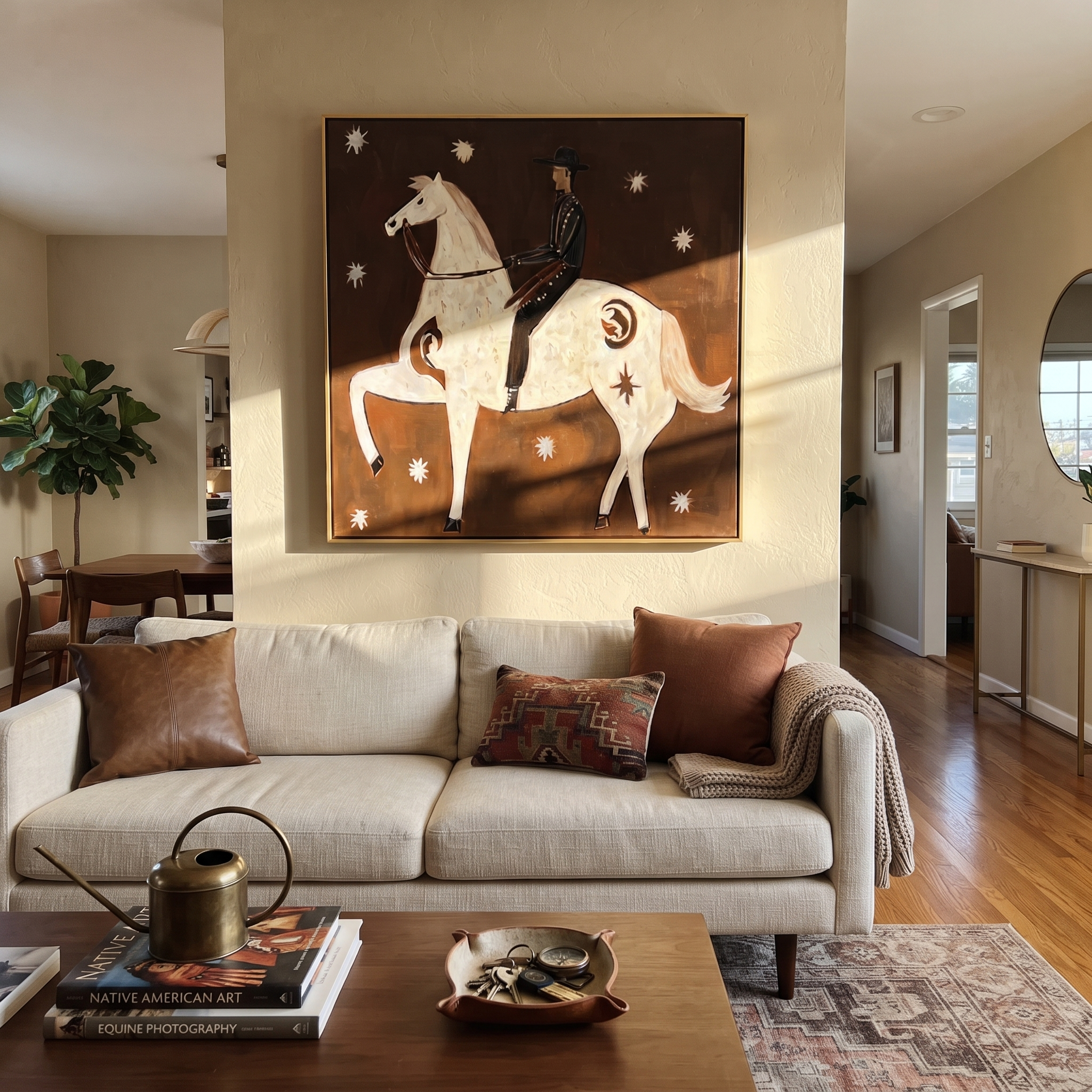 White Horse Rears Moonward styled with warm modern furnishings