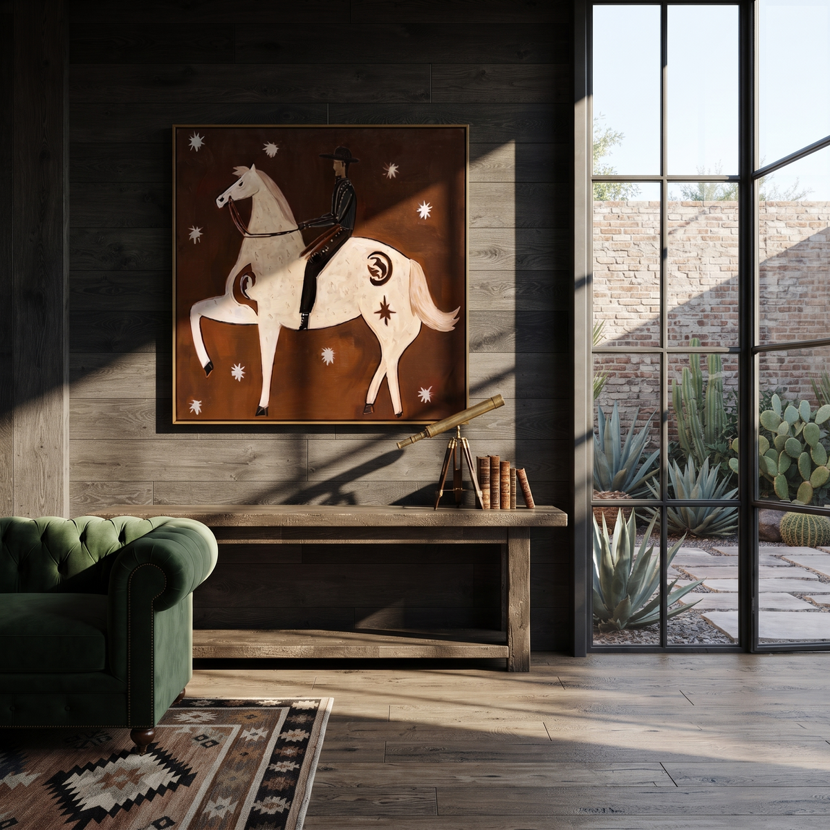 White Horse Rears Moonward styled with wood, linen, and modern decor