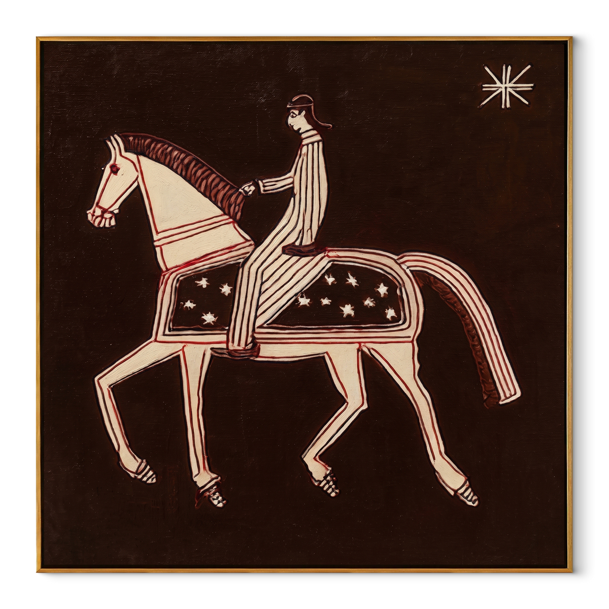 Striped Rider Walks Stars equestrian horse painting, square canvas artwork