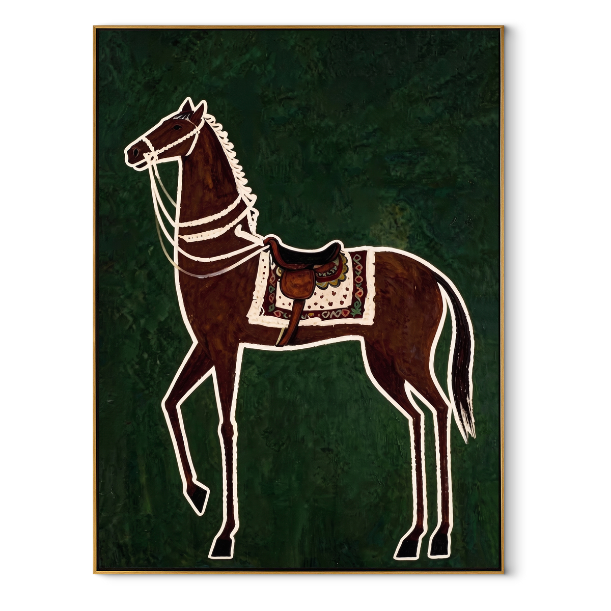 White Reins Frame Chestnut equestrian horse painting, vertical canvas artwork