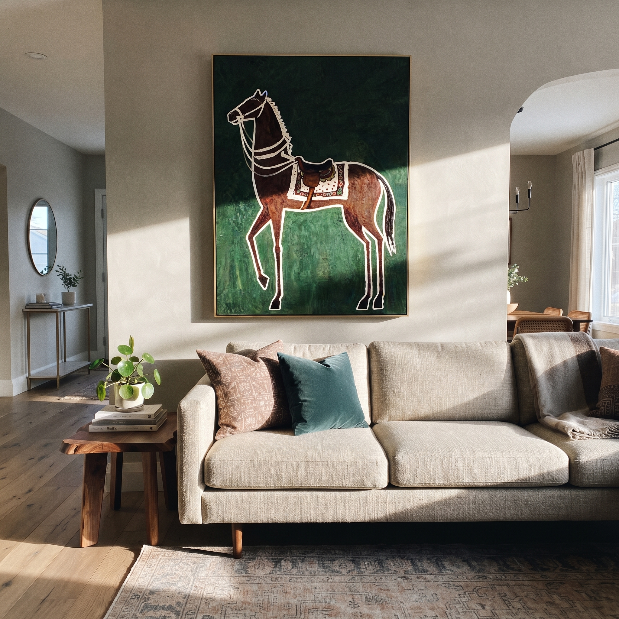White Reins Frame Chestnut displayed in a layered residential setting