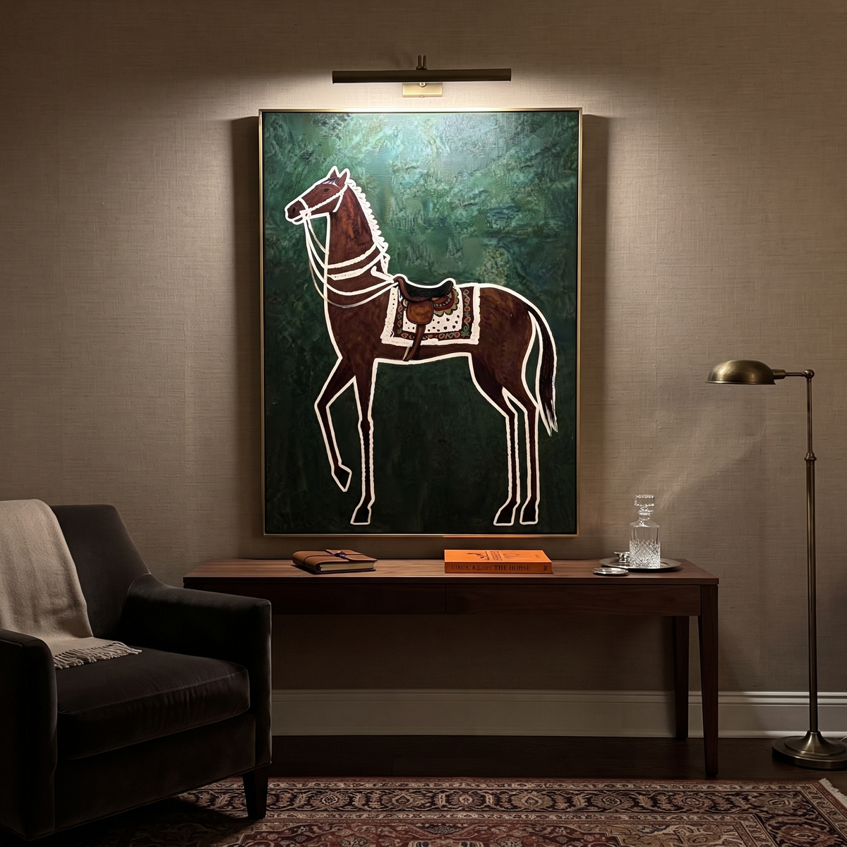 White Reins Frame Chestnut styled with wood, linen, and modern decor