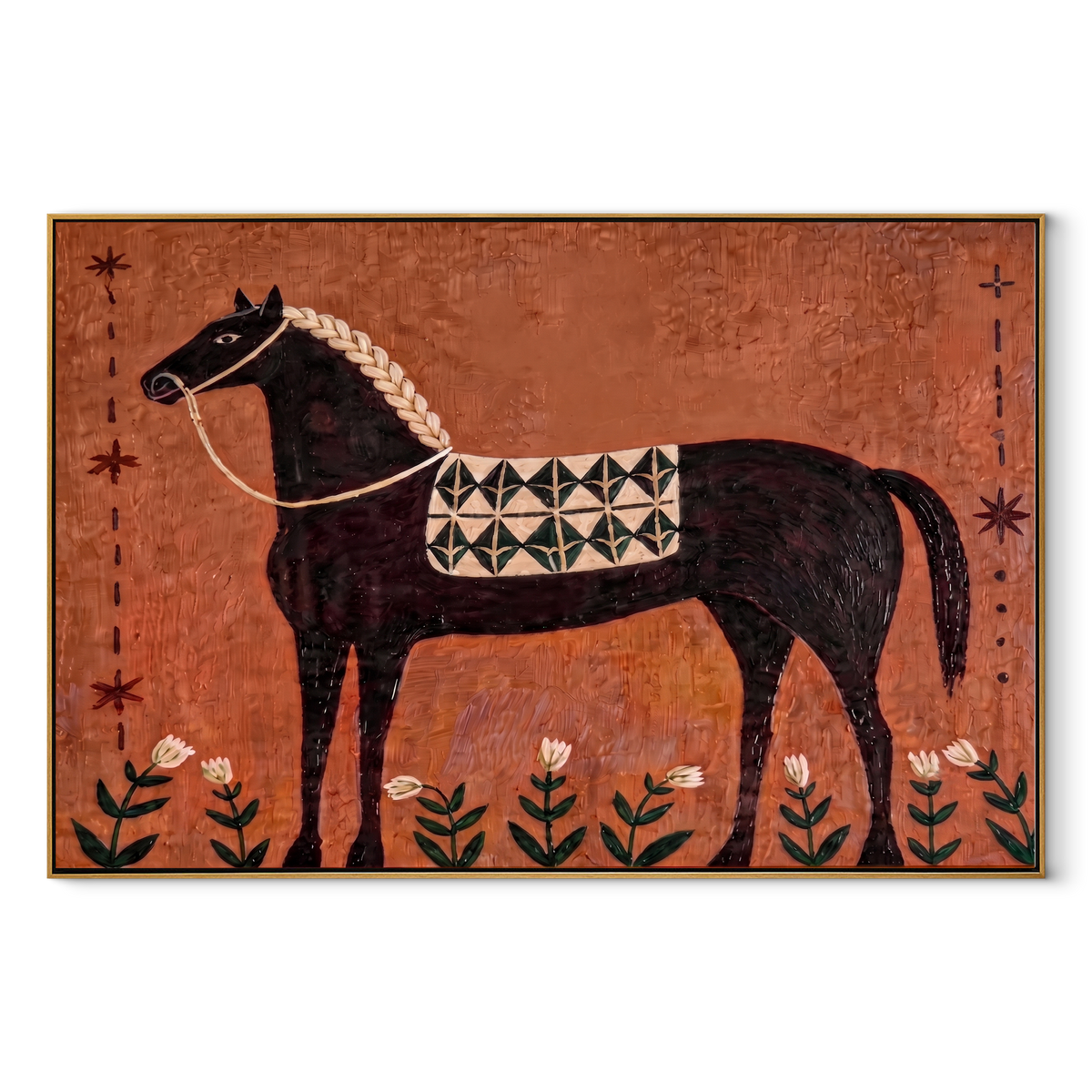 Flowers Rise Beneath Dapples equestrian horse painting, horizontal canvas artwork