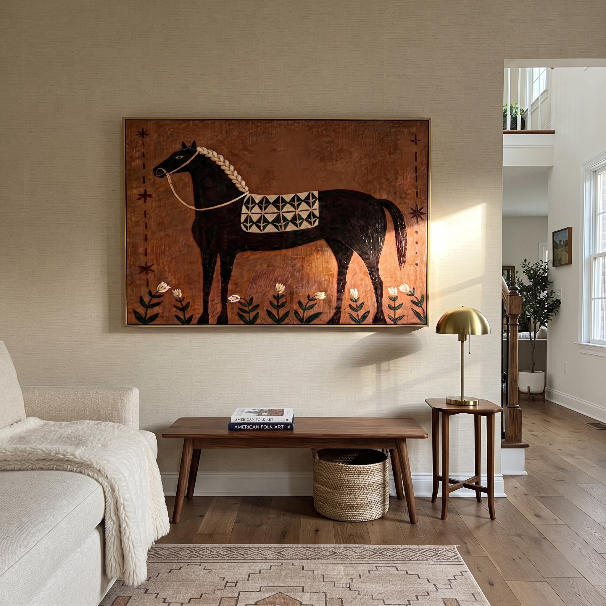 Flowers Rise Beneath Dapples displayed in a layered residential setting