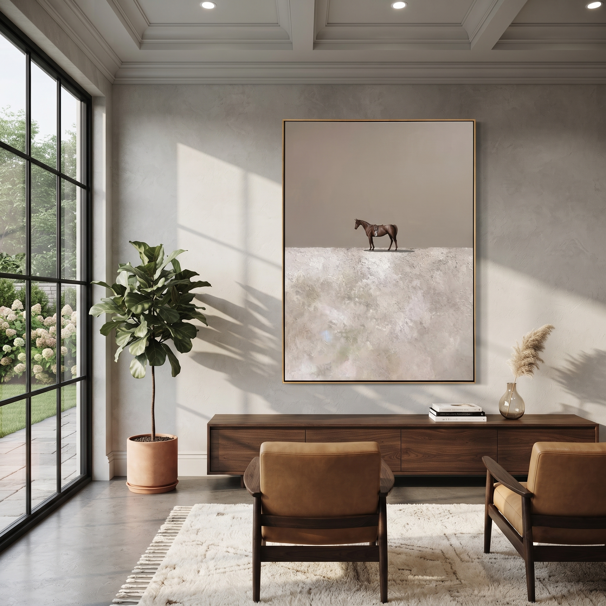 Tiny Horse Crosses Snow displayed in a layered residential setting