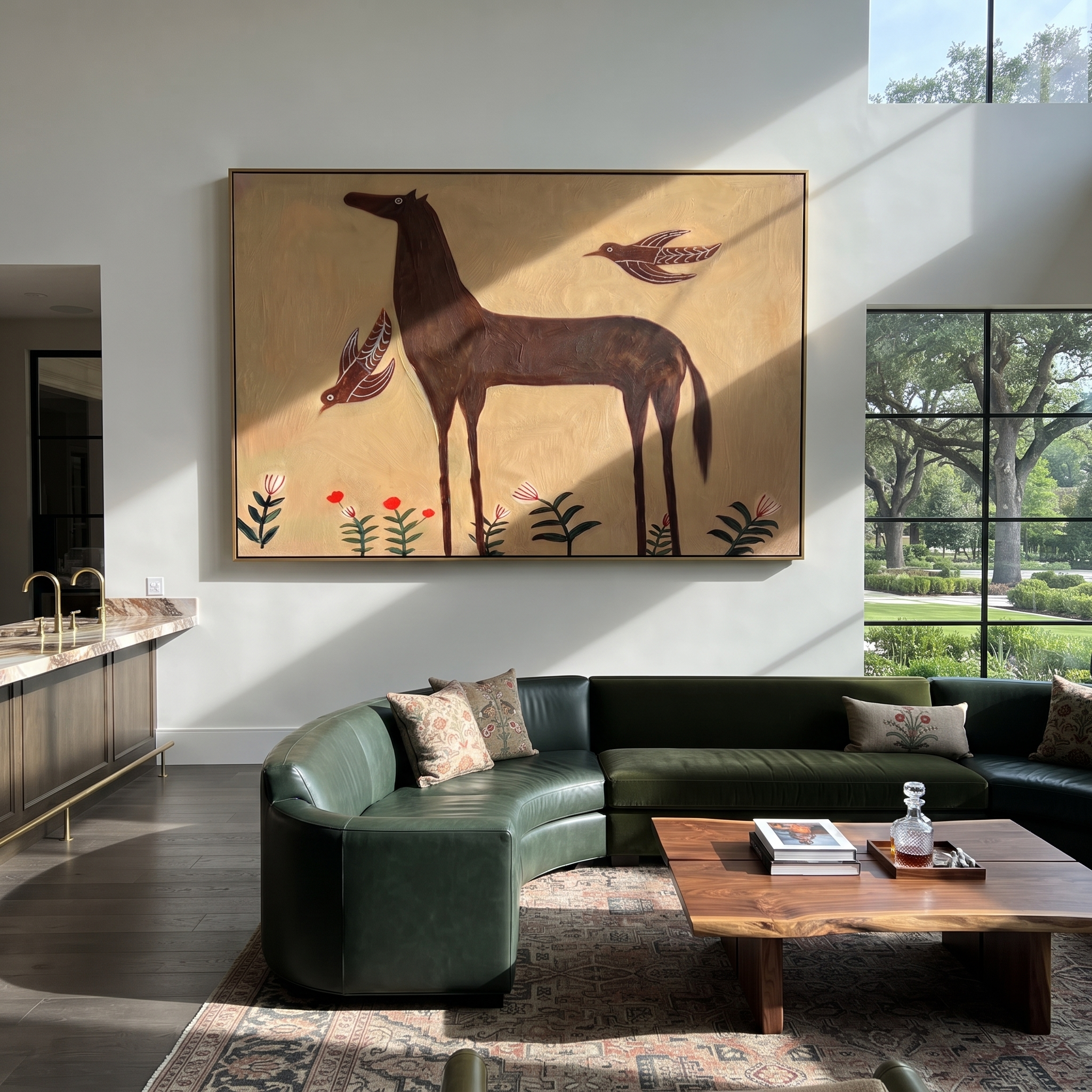 Birds Circle Brown Horse displayed in a collected contemporary interior