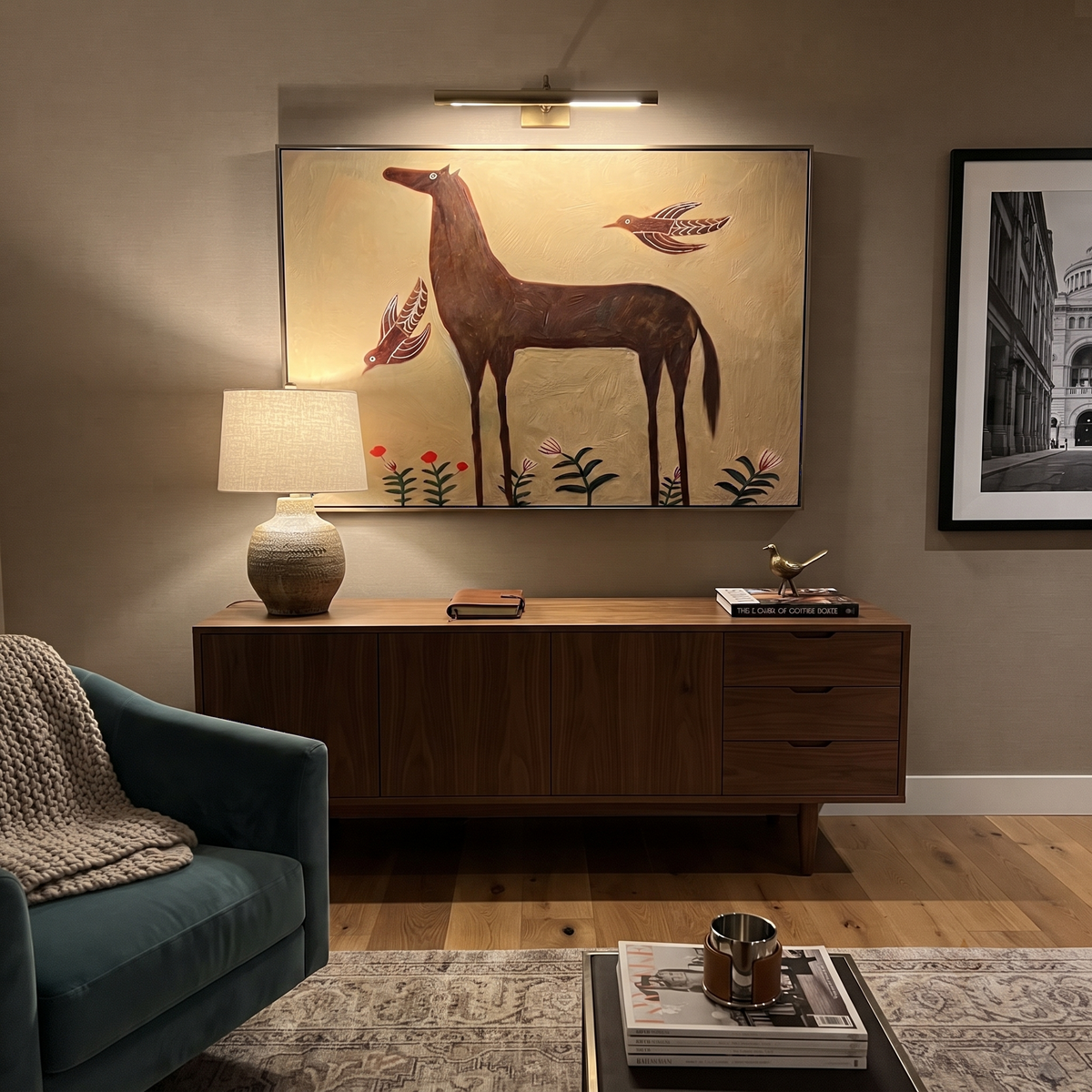 Birds Circle Brown Horse styled with warm modern furnishings