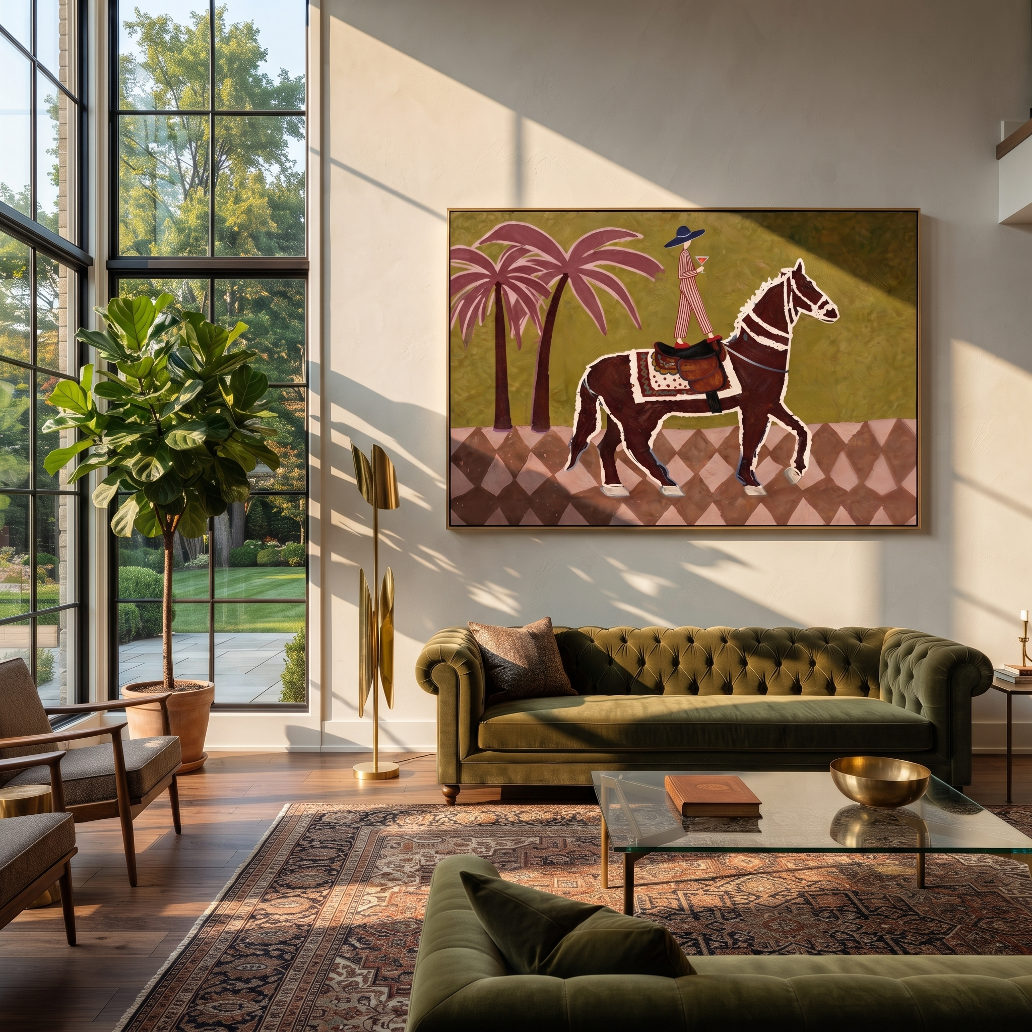 Palm Shadows Follow Rider displayed in a collected contemporary interior