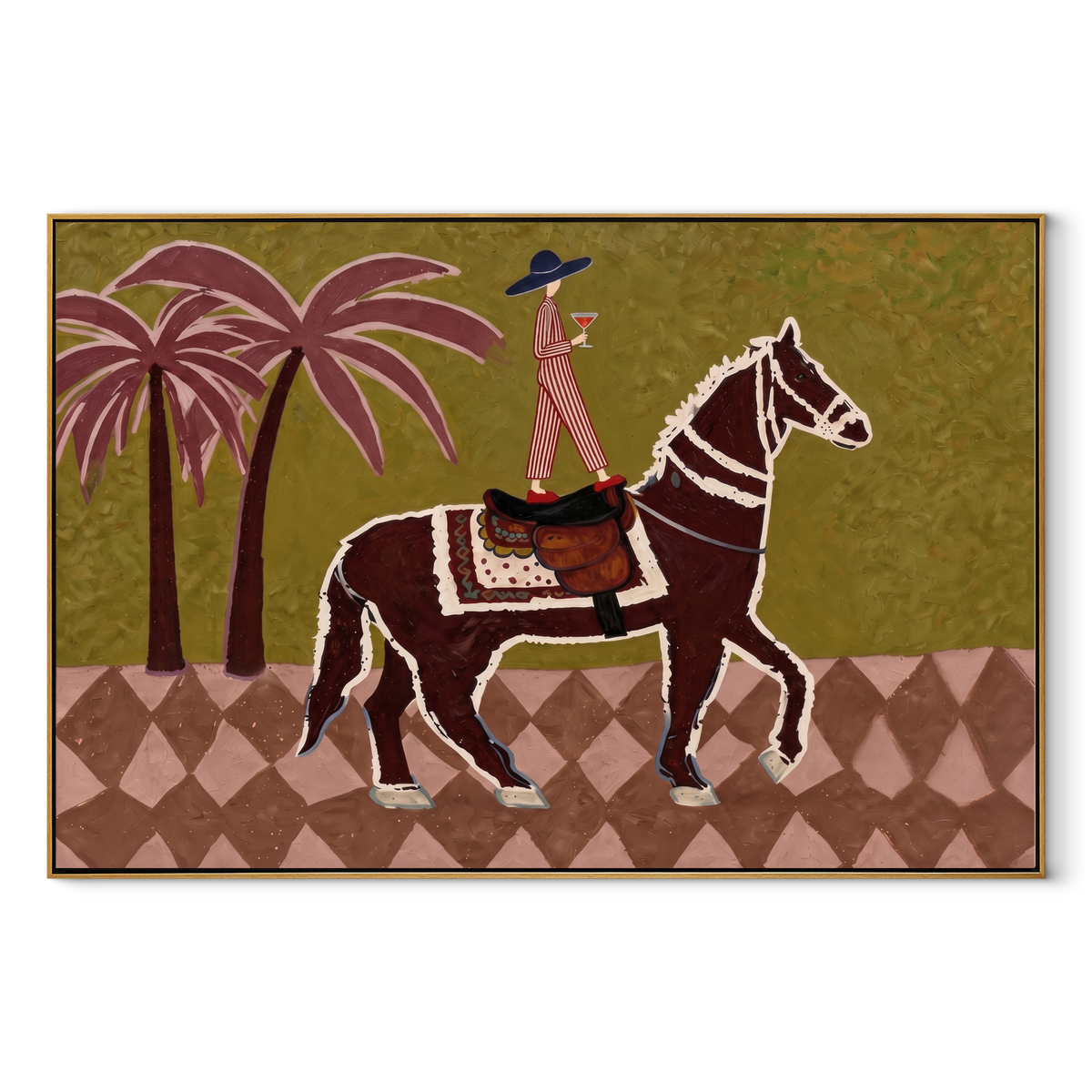 Palm Shadows Follow Rider equestrian horse painting, horizontal canvas artwork