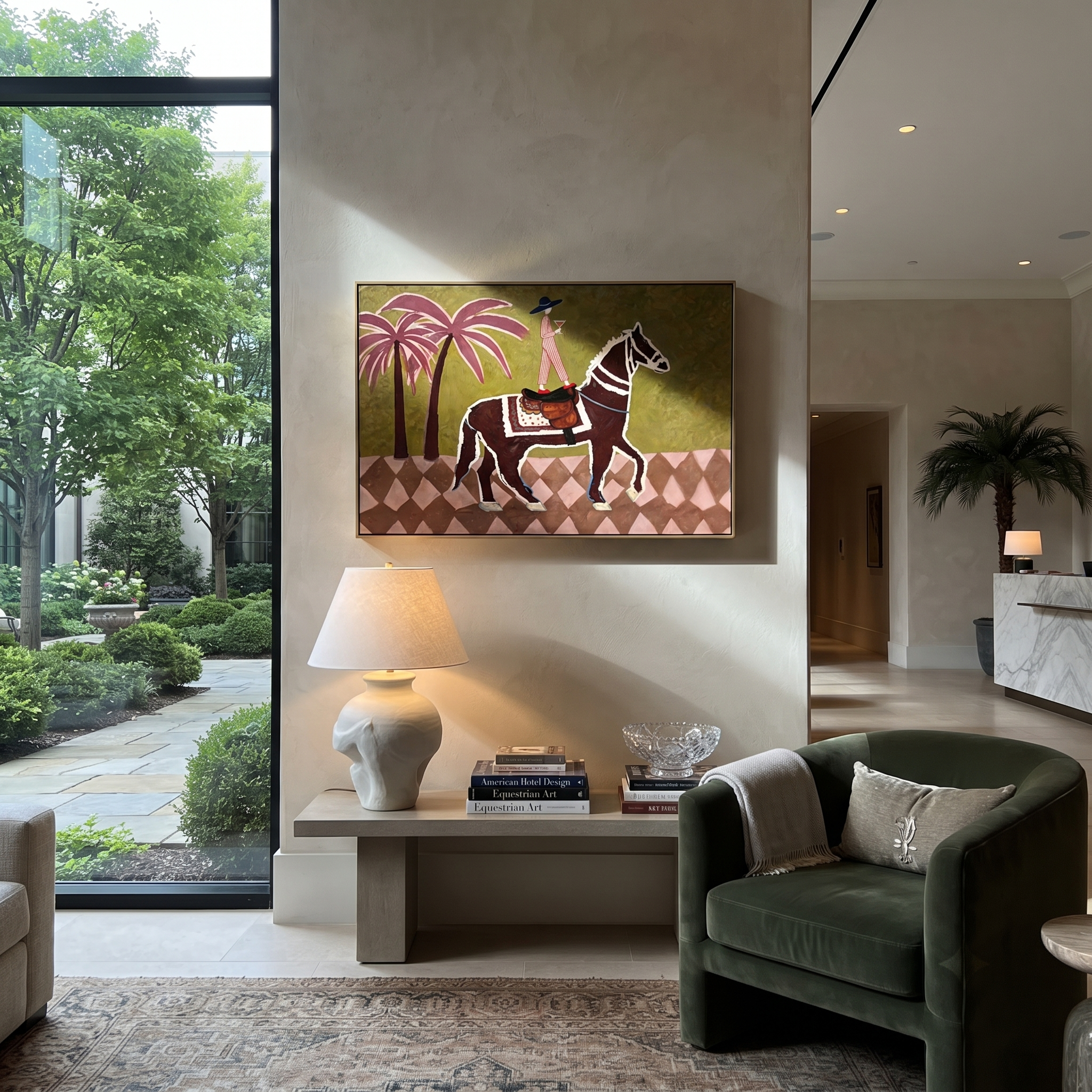 Palm Shadows Follow Rider styled with wood, linen, and modern decor