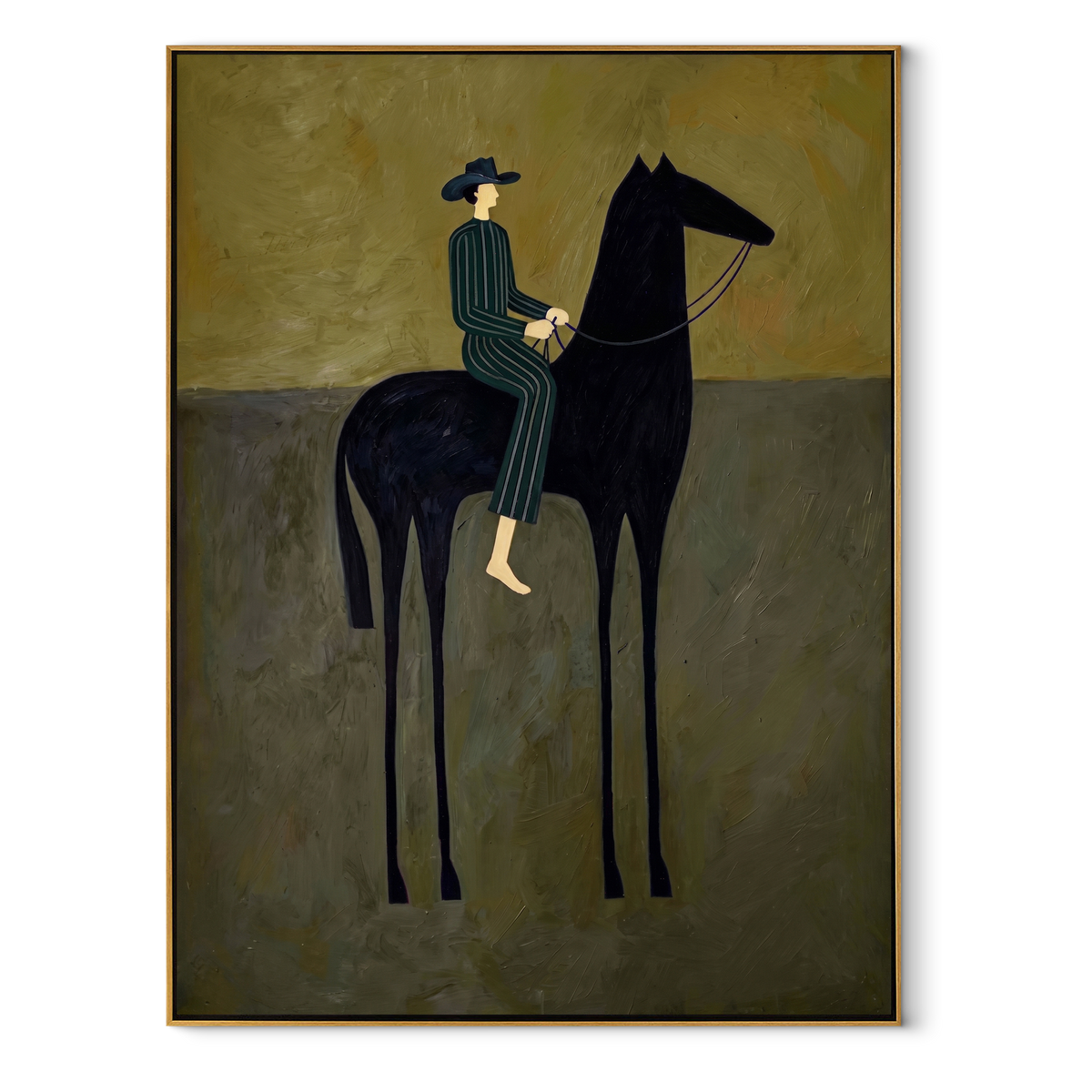 Green Stripes Ride Midnight equestrian horse painting, vertical canvas artwork