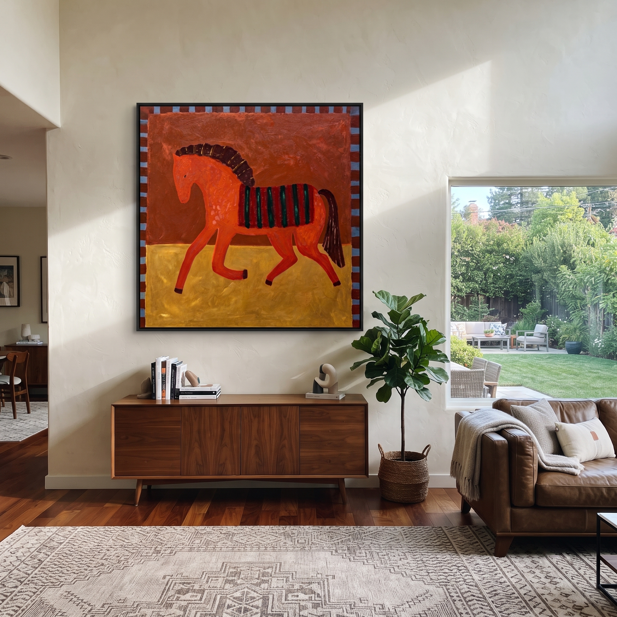 Coral Horse Walks Gold displayed in a collected contemporary interior