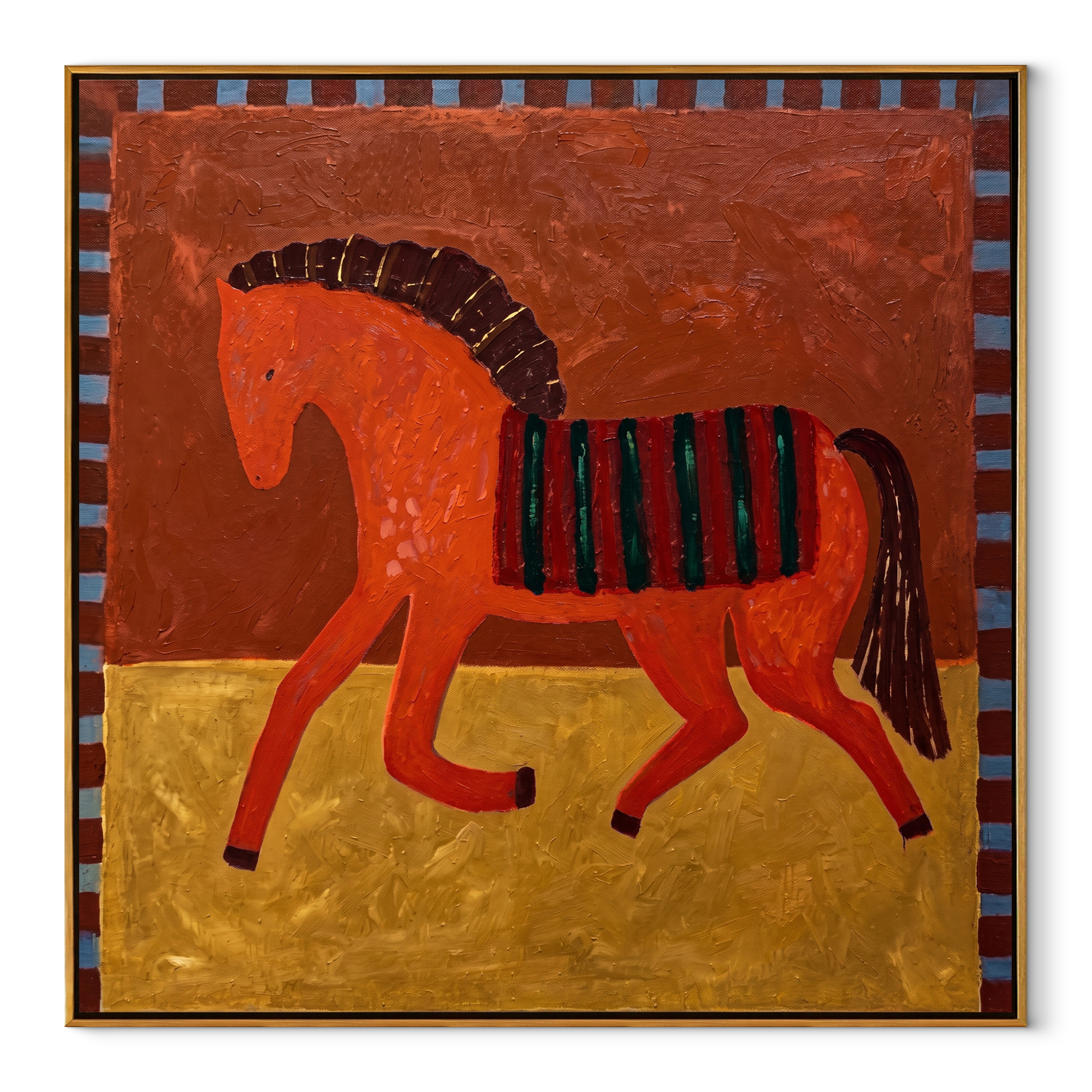 Coral Horse Walks Gold equestrian horse painting, square canvas artwork
