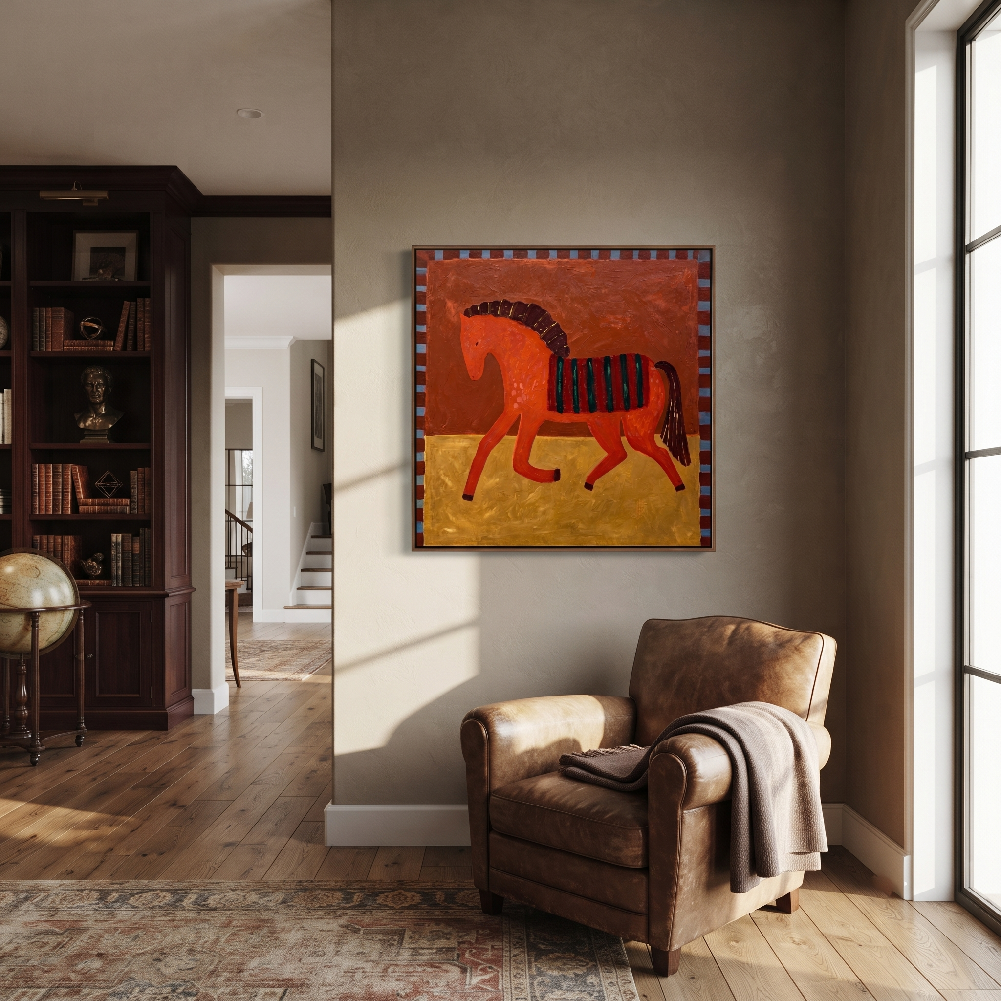Coral Horse Walks Gold presented as a colorful interior focal point