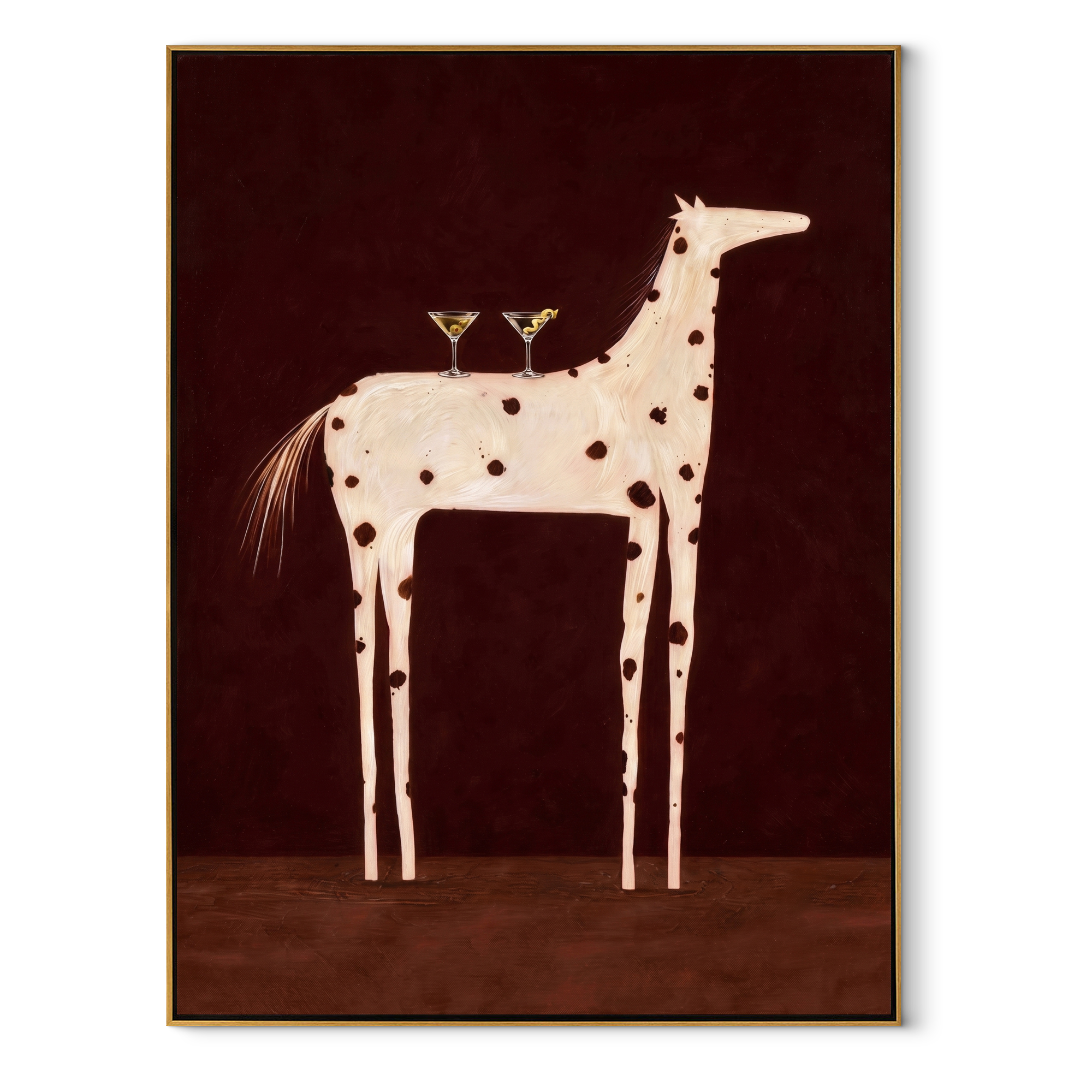 Three Martinis Cross Spots equestrian horse painting, vertical canvas artwork