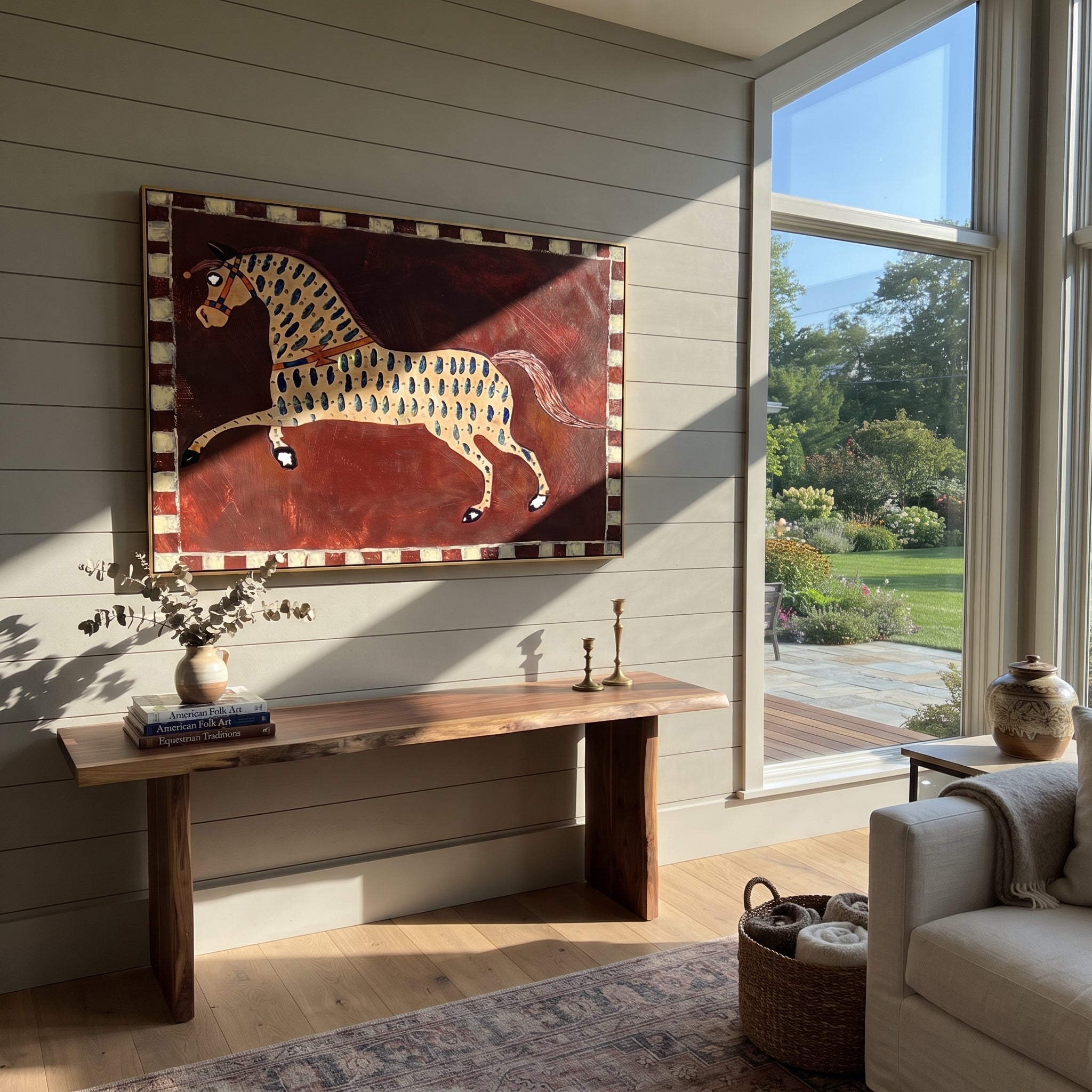 Blue Marks Gallop Burgundy displayed in a collected contemporary interior