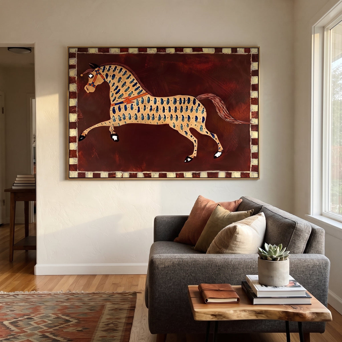 Blue Marks Gallop Burgundy styled with warm modern furnishings