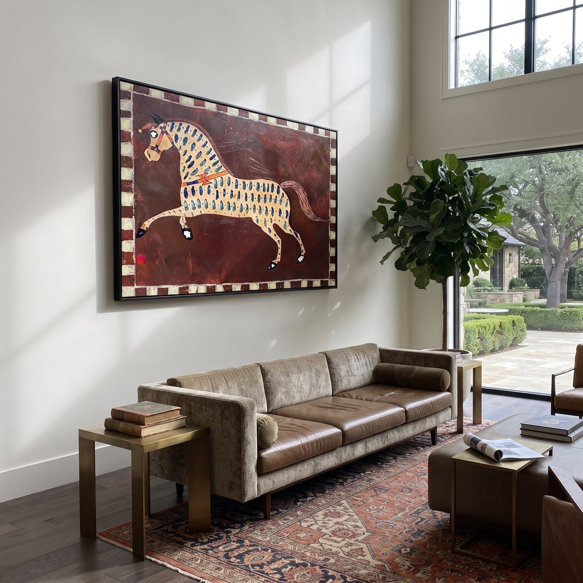 Blue Marks Gallop Burgundy displayed in a layered residential setting