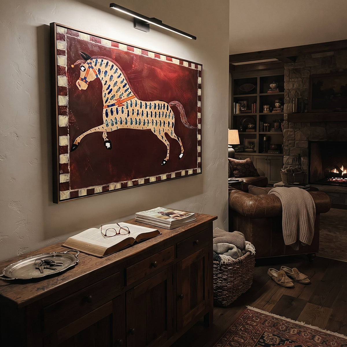 Blue Marks Gallop Burgundy styled with wood, linen, and modern decor