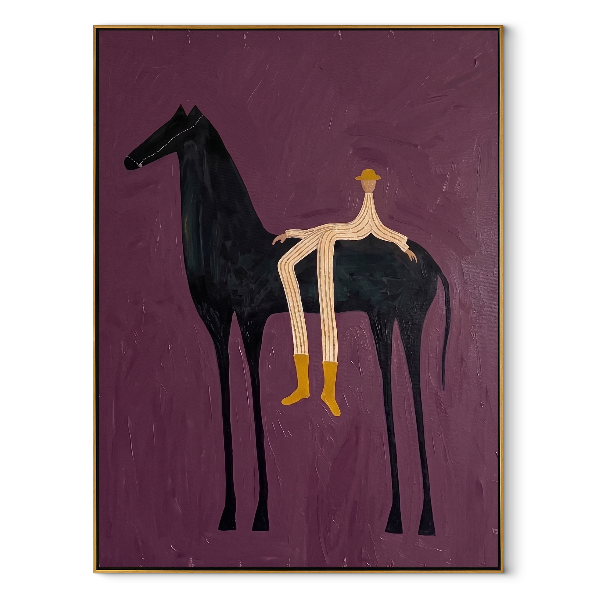 Yellow Boots Cross Violet equestrian horse painting, vertical canvas artwork