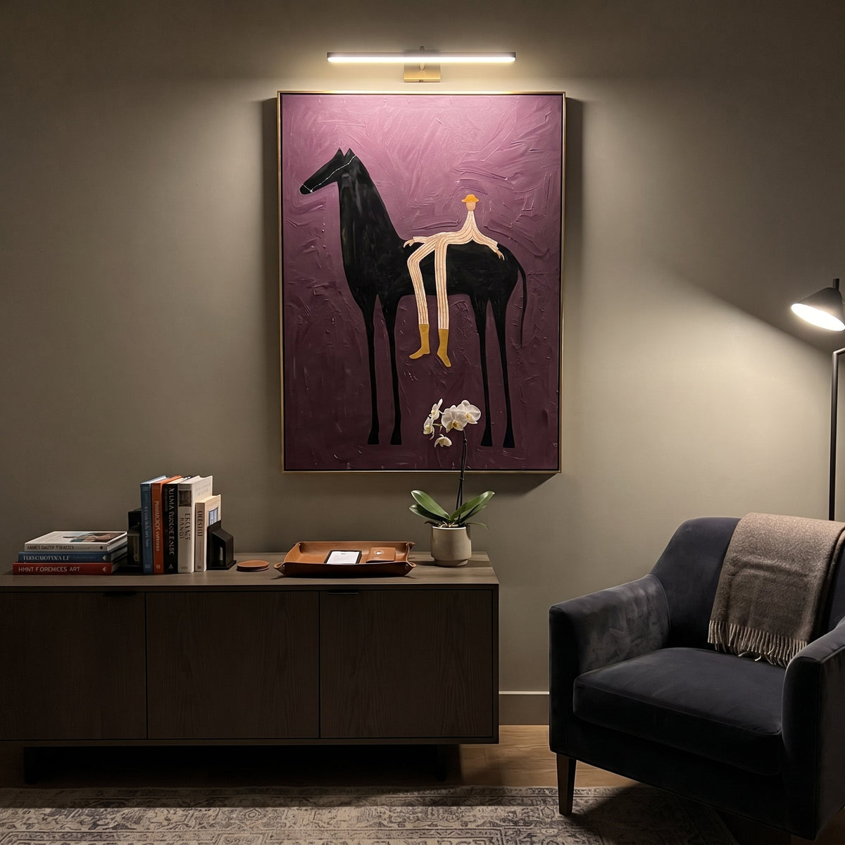 Yellow Boots Cross Violet styled with wood, linen, and modern decor